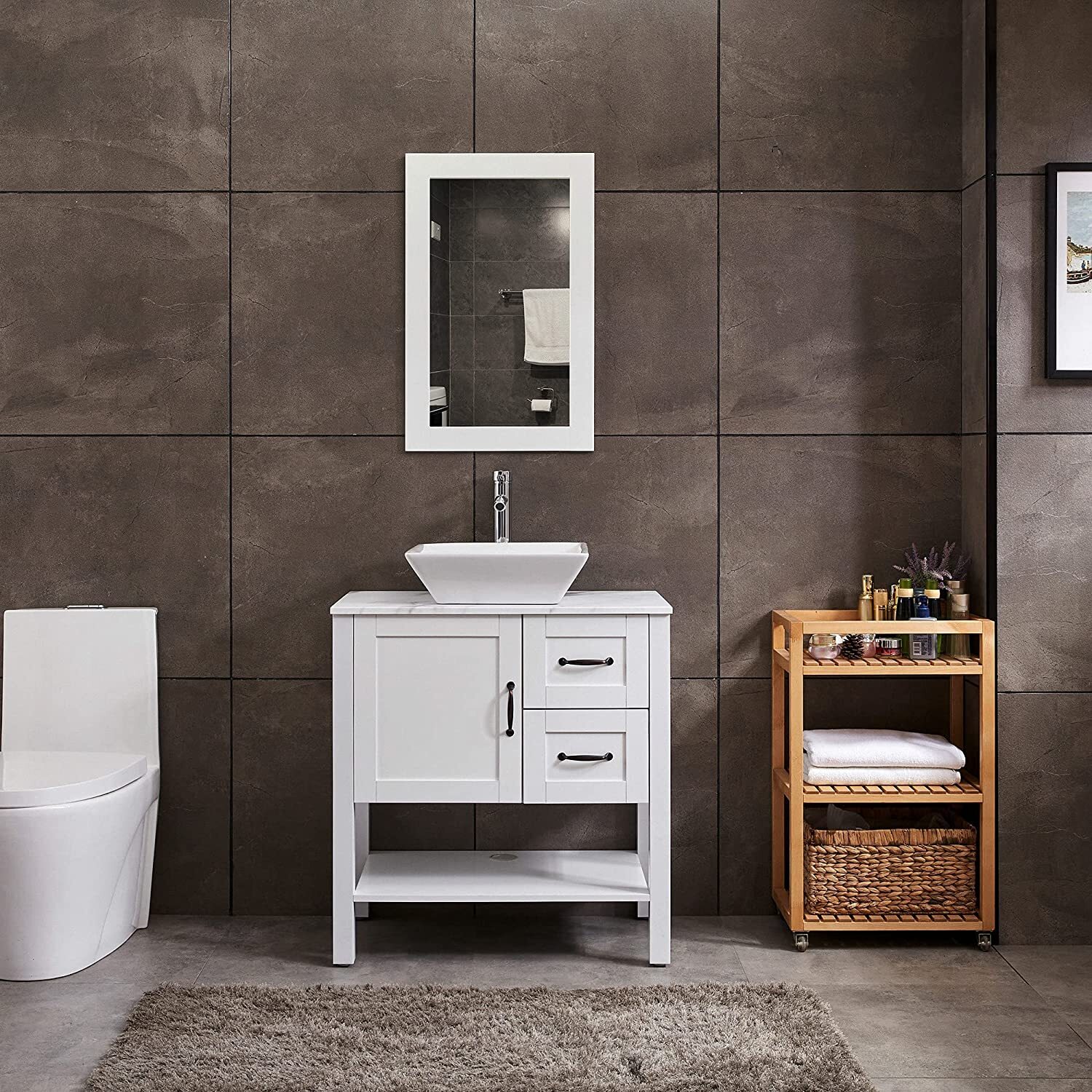 Goodyo 30″ Bathroom Vanity Sink Combo, Modern White Cabinet with Faucet, Mirror