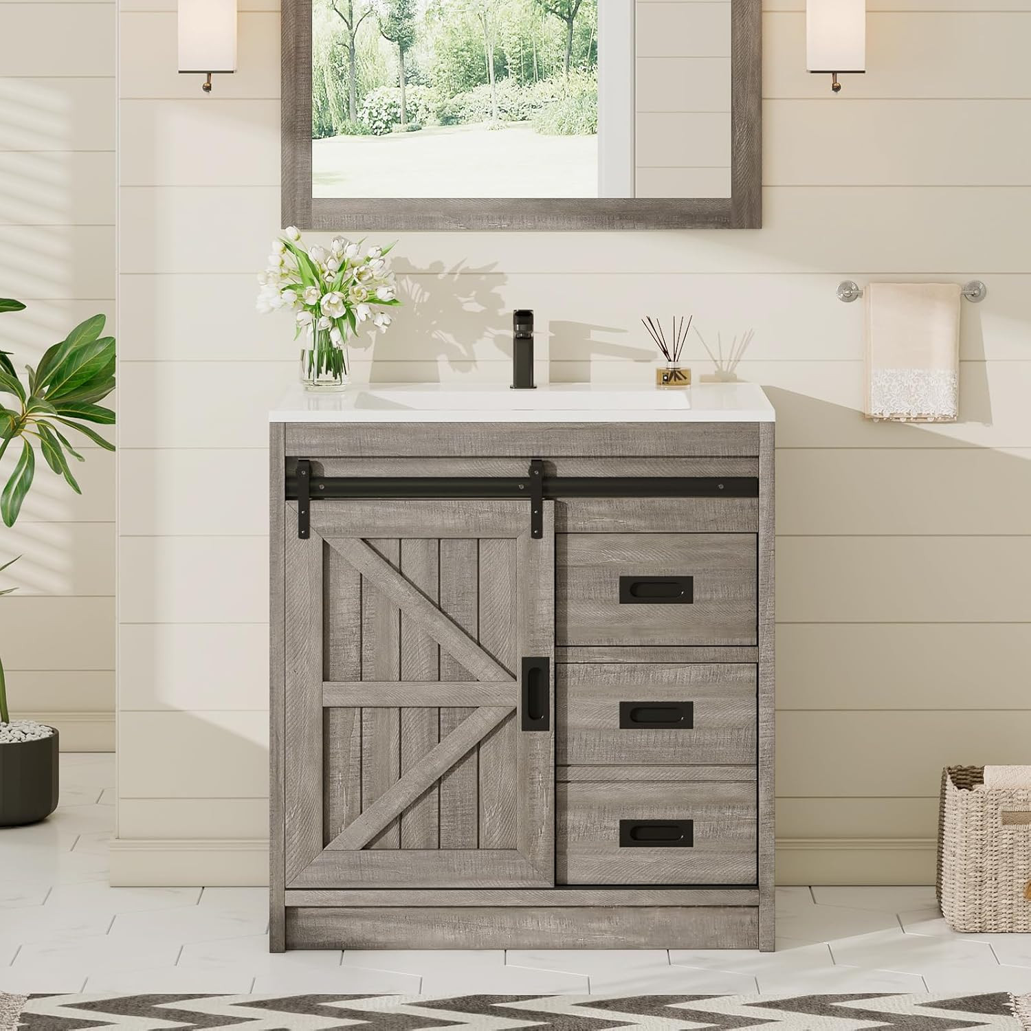 AMERLIFE Farmhouse Bathroom Vanity with Sink Combo, 31In Sliding Barn Door Bathr