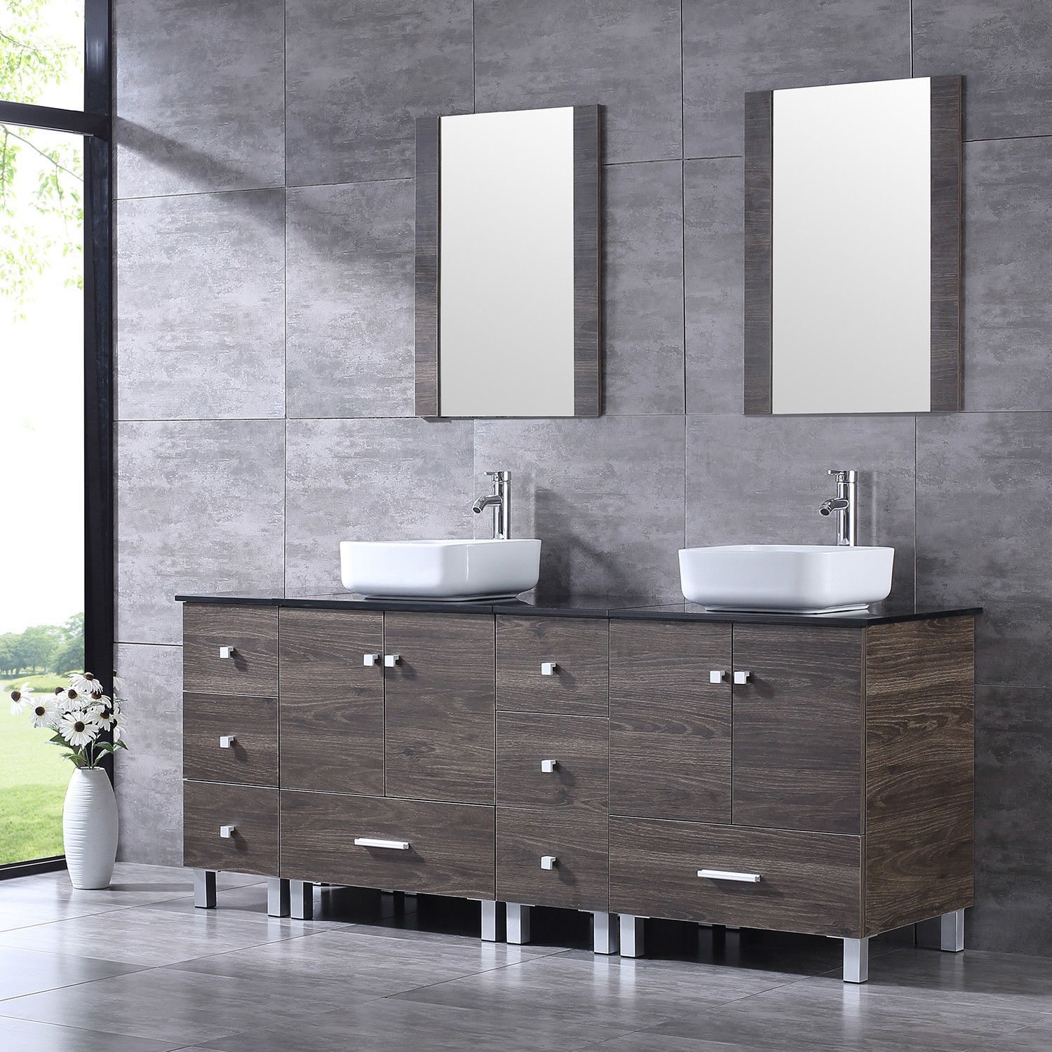 72 inch Double Sink Bathroom Vanity Cabinet Ceramic Vessel Sink w/Mirror Faucet