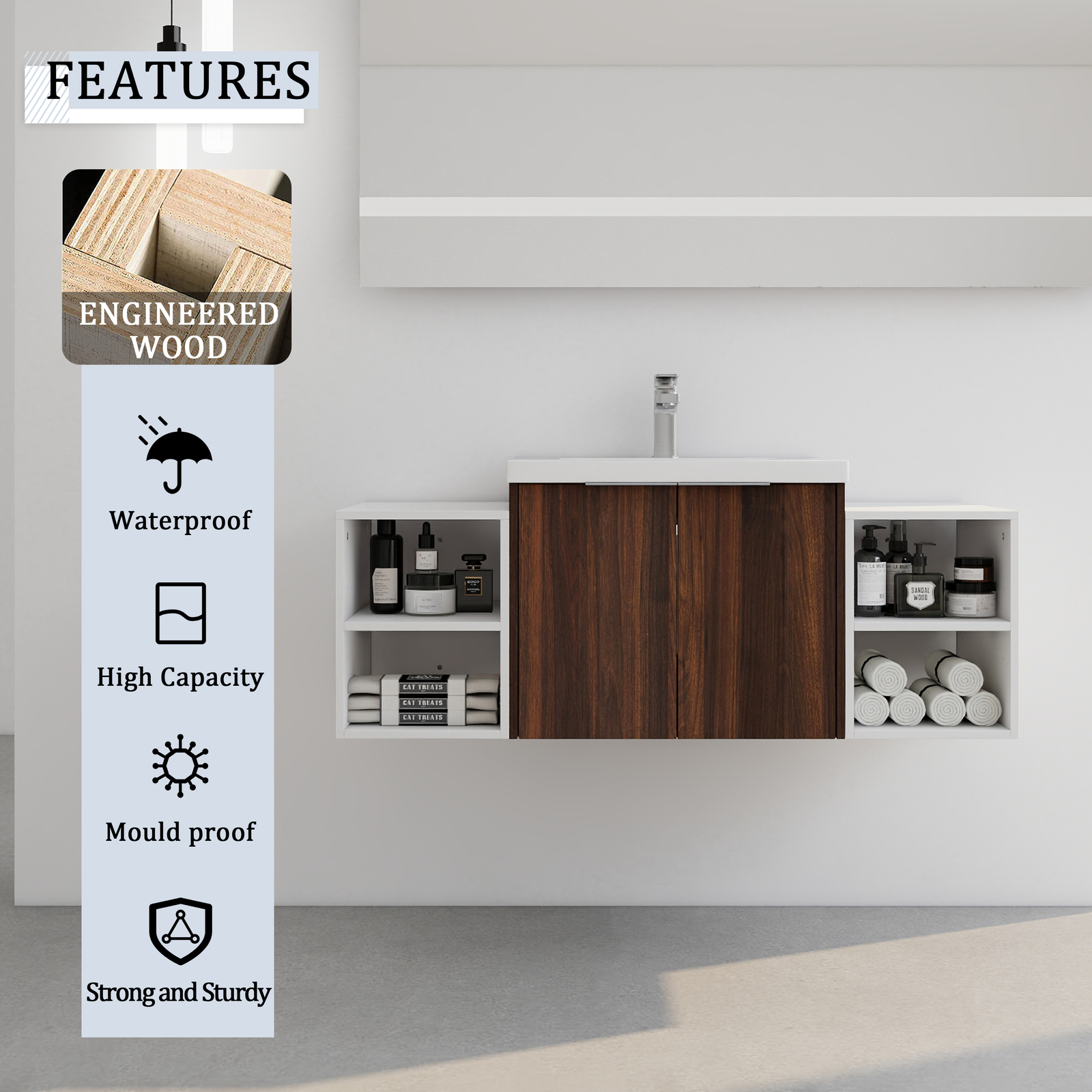 24″Bathroom Vanity Cabinet With Resin Sink + Two 12″Small Storage Shelves Walnut