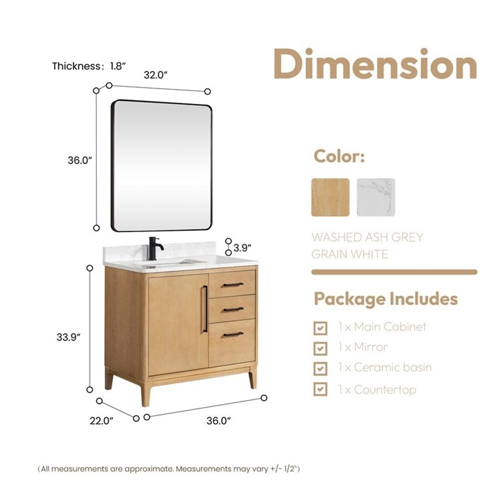 Gara 36″ Single Bath Vanity in Washed Ash Grey w/ White Grain Composite & Mirror