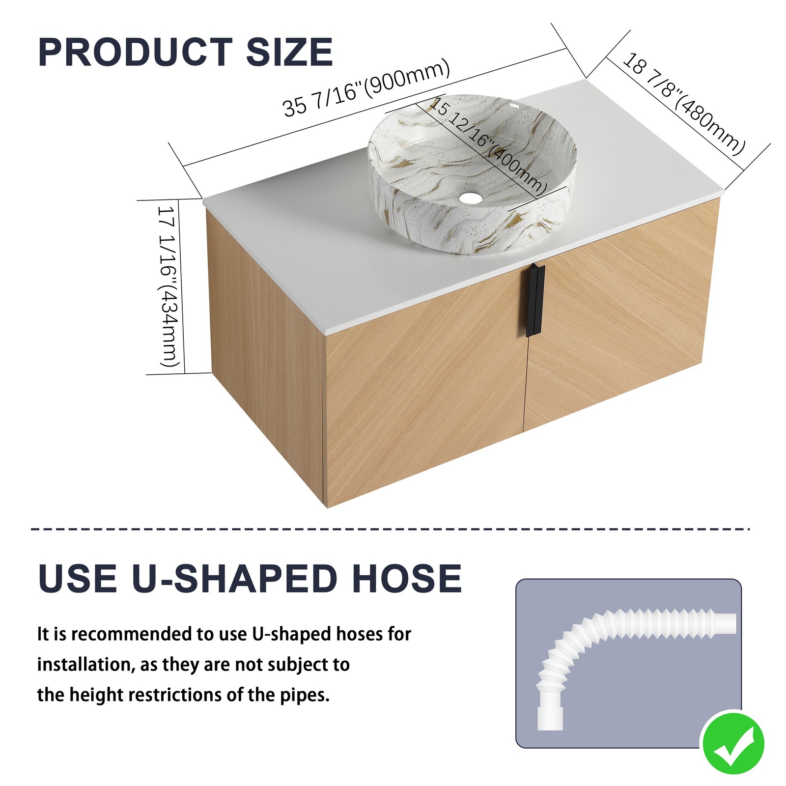 36 in Wall-Mounted Bathroom Vanity W/ Ceramic Vessel Sink Artificial Stone Slab