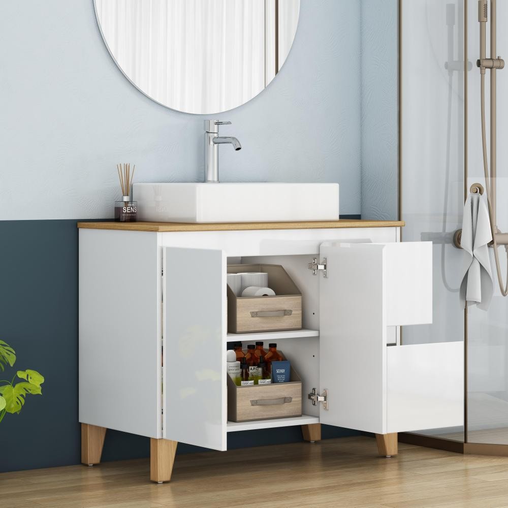 Bathroom cabinet with sink, double doors, and two drawers