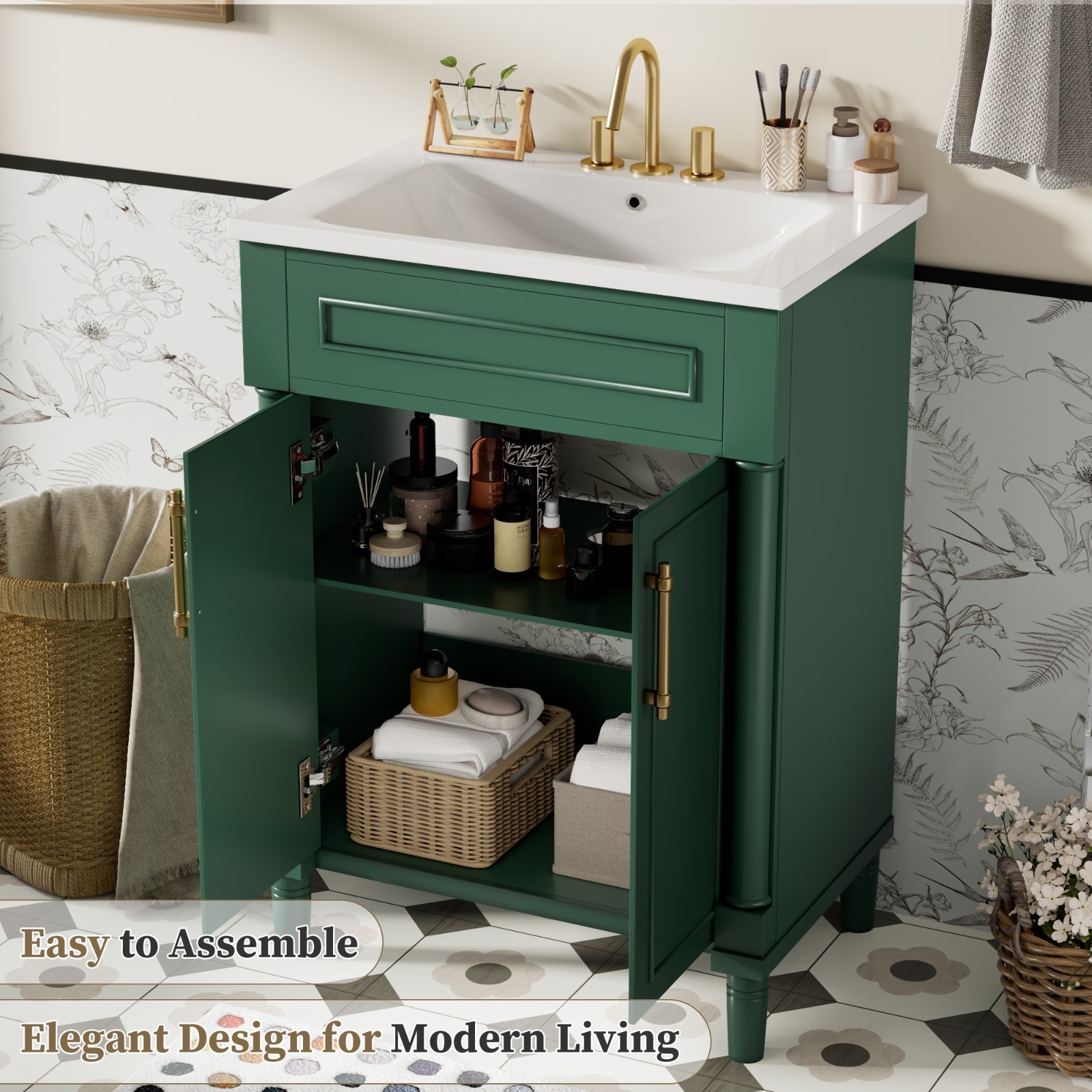 24″ Bathroom Vanity with Integrated Ceramic Sink, Bathroom Cabinet with 2 Doors