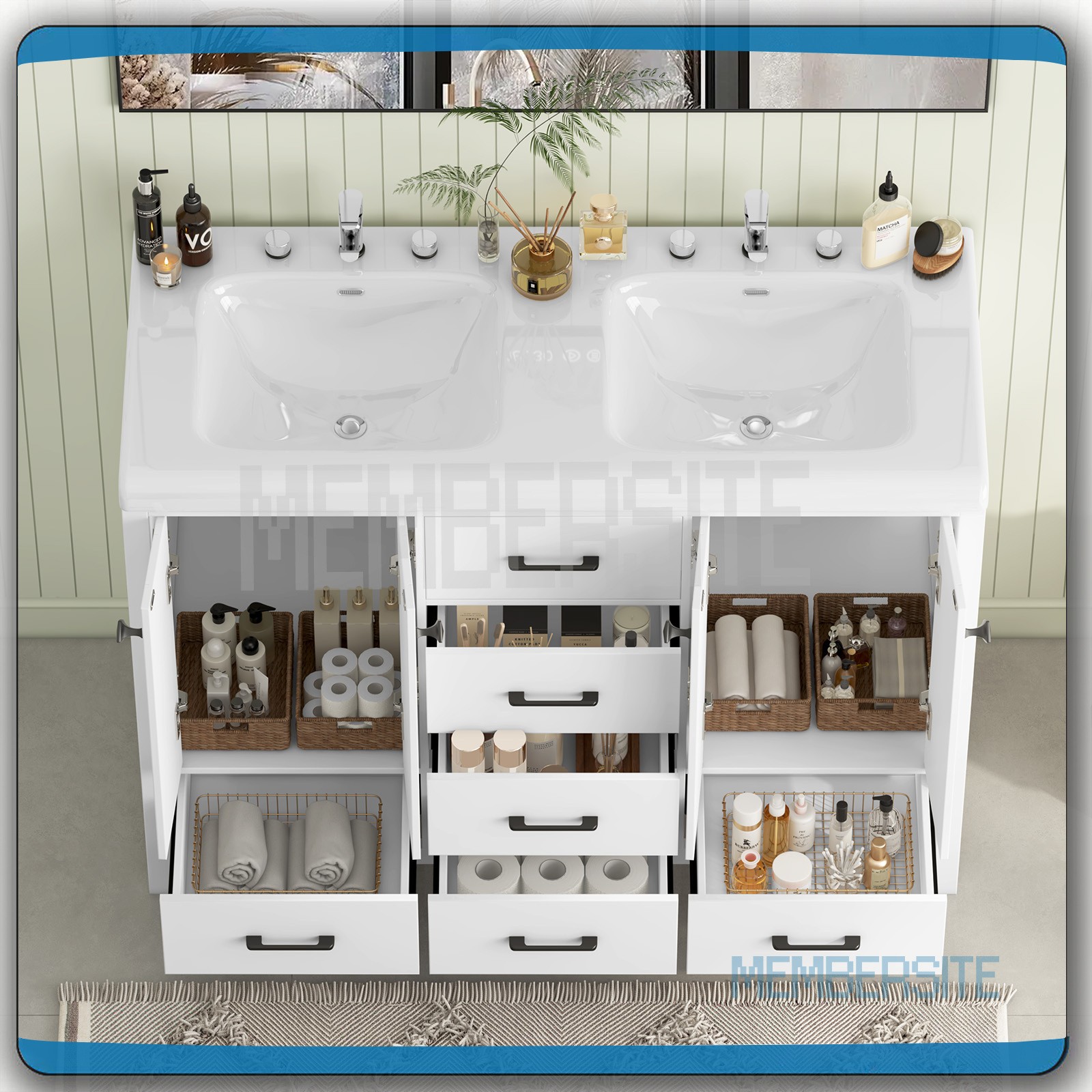 47.3″ Bathroom Vanity w/ Double Sinks Ceramic Cabinet and 5 Drawers Freestanding
