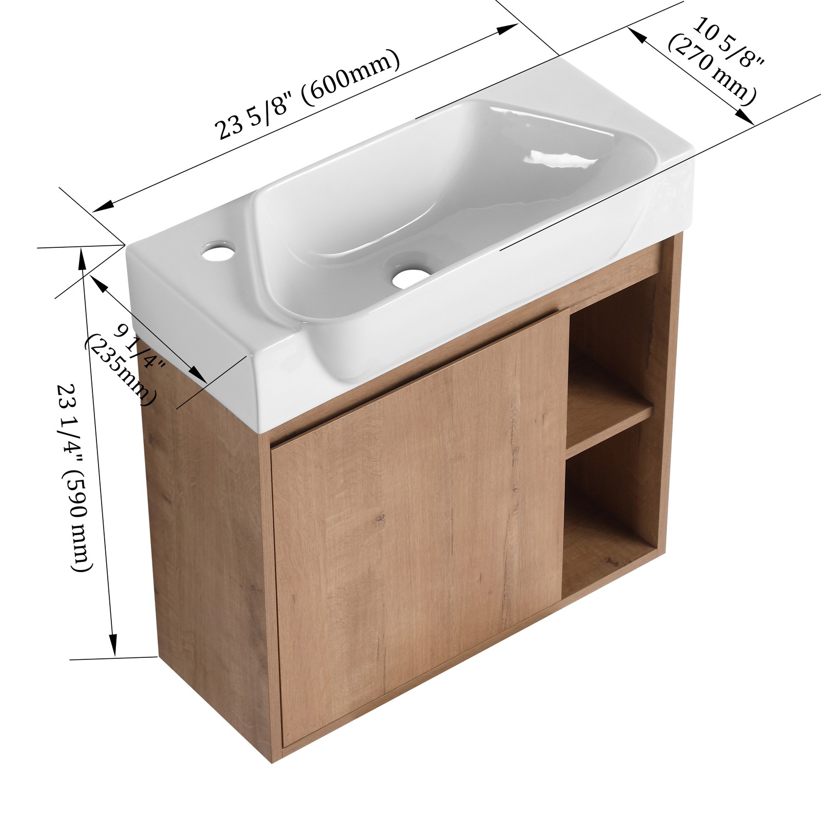 24in Plywood Wall-Mounted Bathroom Vanity W/ Ceramic Sink Basin Door Shelf Oak