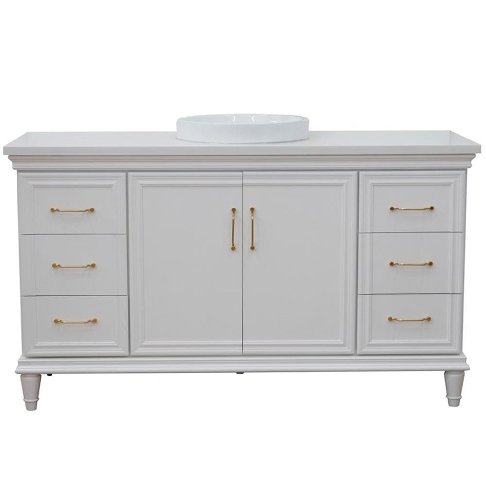 61 in. Single Wooden Vanity White with White Quartz Round Sink