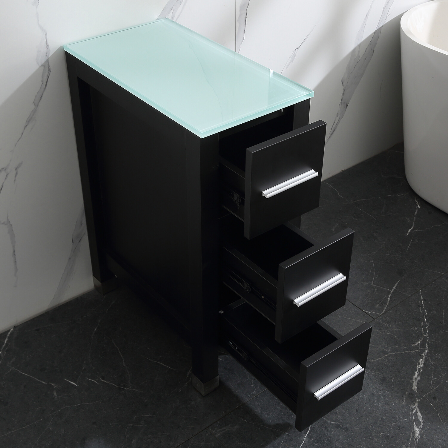 Modern Design Bathroom Vanity Small Cabinet Glass Top Black 3 Drawers Wood