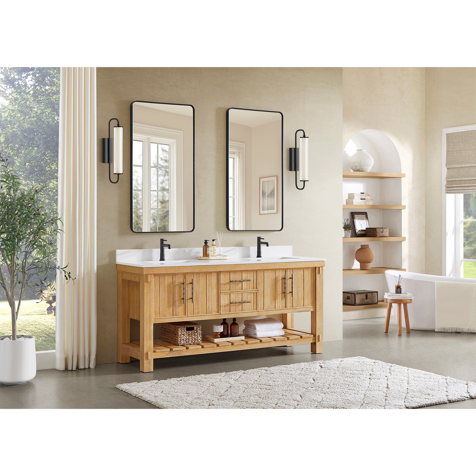 Paris 72″ Double Bath Vanity in Acacia Classic Grey with White Quartz Stone Top