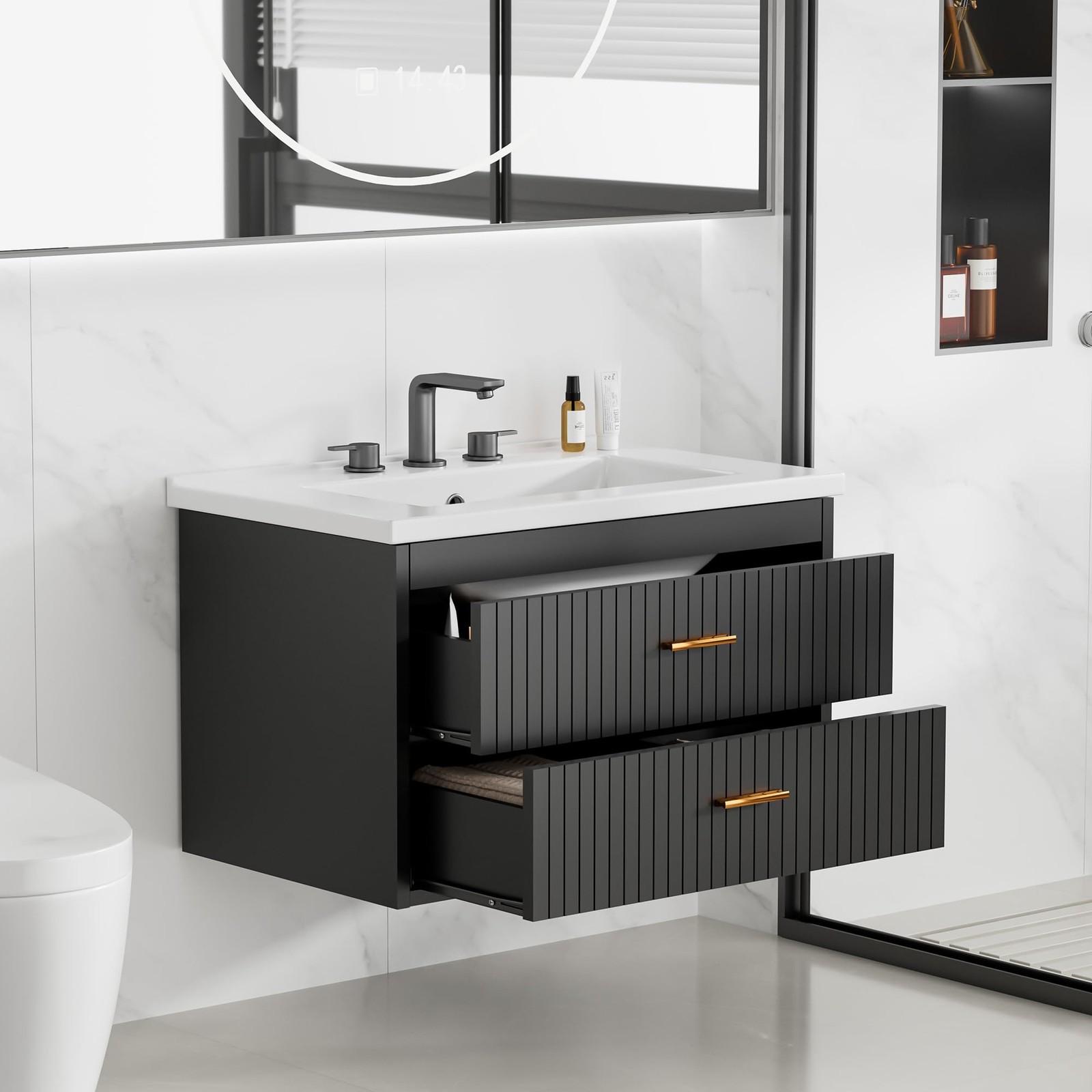 30″ Floating Fluted Bathroom Vanity w/ Ceramic Sink Wall Mounted Vanity Cabinet