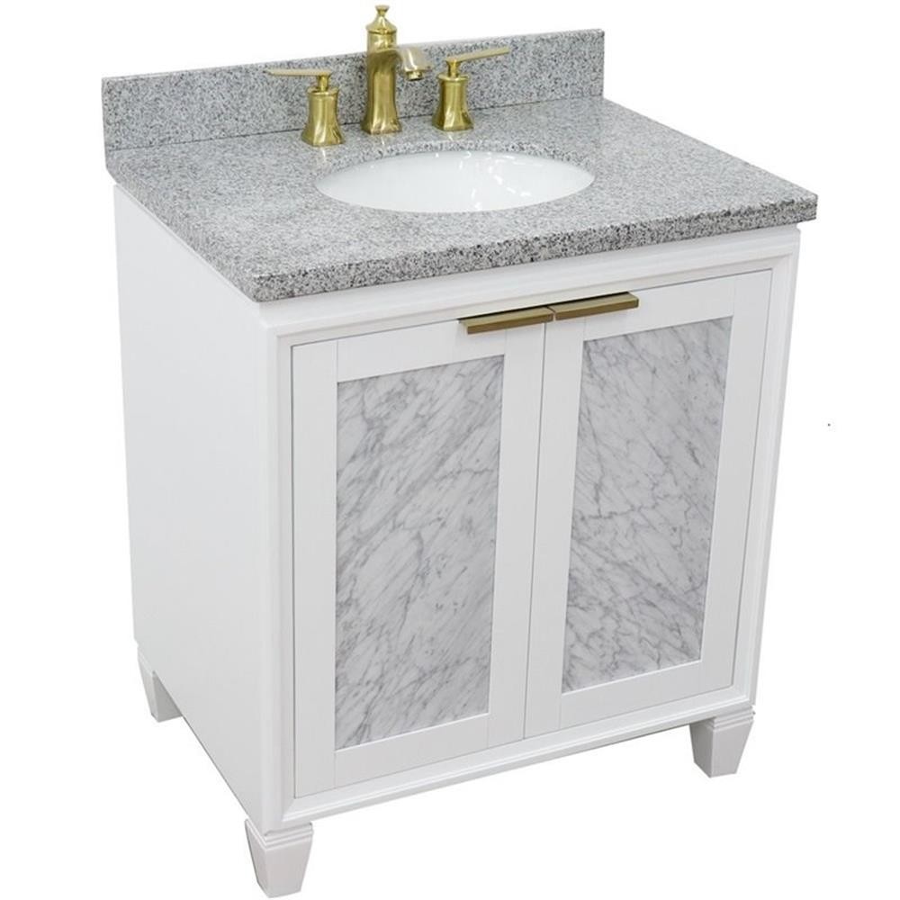 Pemberly Row 31″ Single Oval Sink Solid Wood Vanity in White/Gray Granite Stone