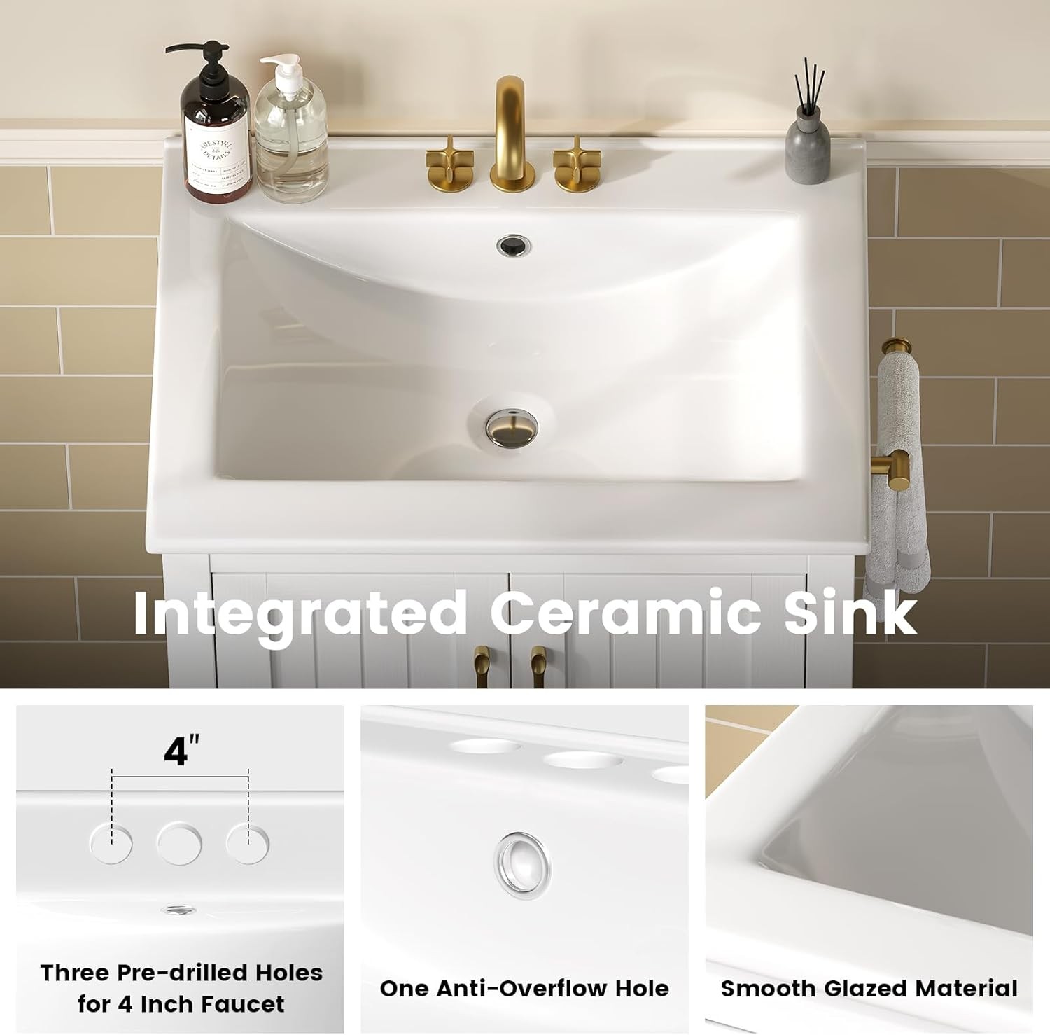 24 Bathroom Vanity with Sink and Towel Holder Modern White