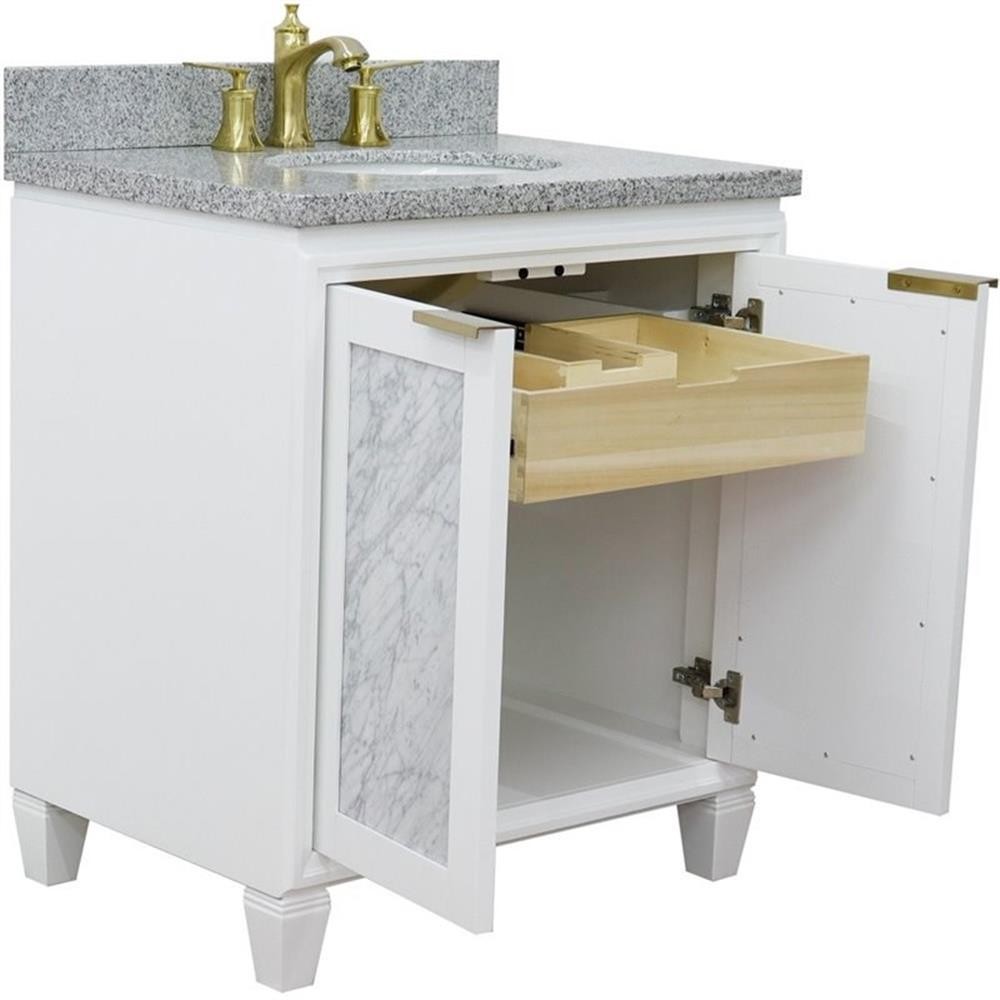 Pemberly Row 31″ Single Oval Sink Solid Wood Vanity in White/Gray Granite Stone