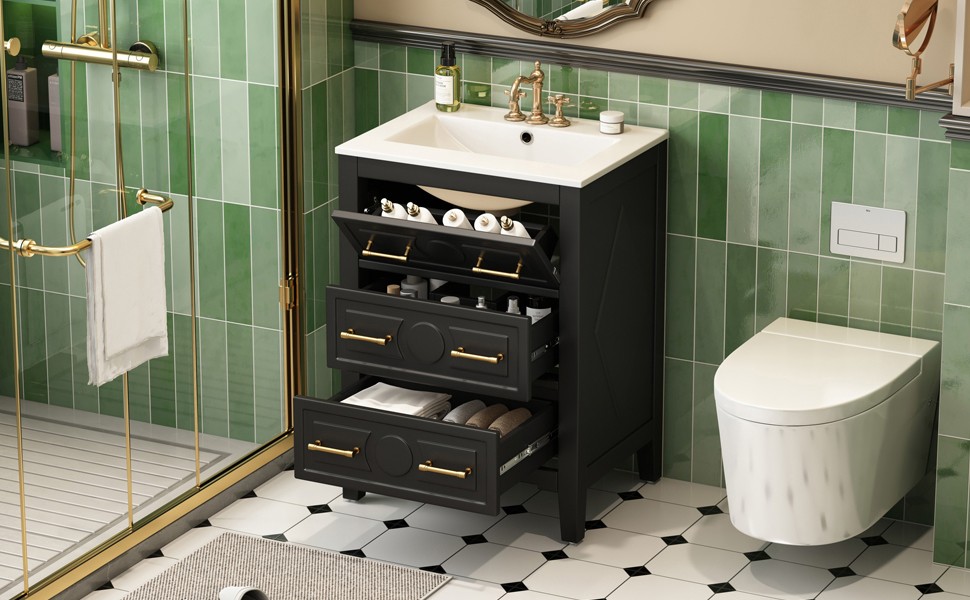 24” Bathroom Vanity with Ceramic Sink, 3 Drawers, Solid Wood Frame Retro Black