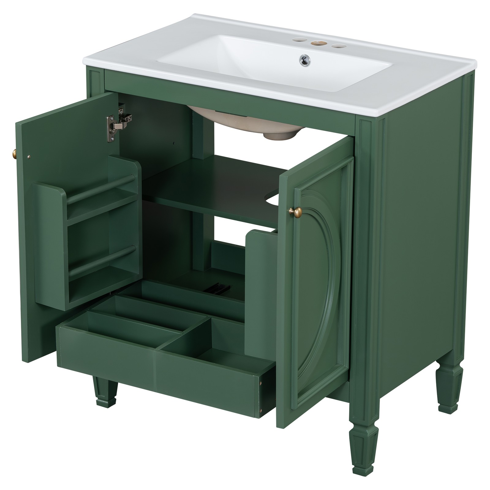 30″ Bathroom Vanity with Ceramic Sink, Two Doors & Drawer, Green