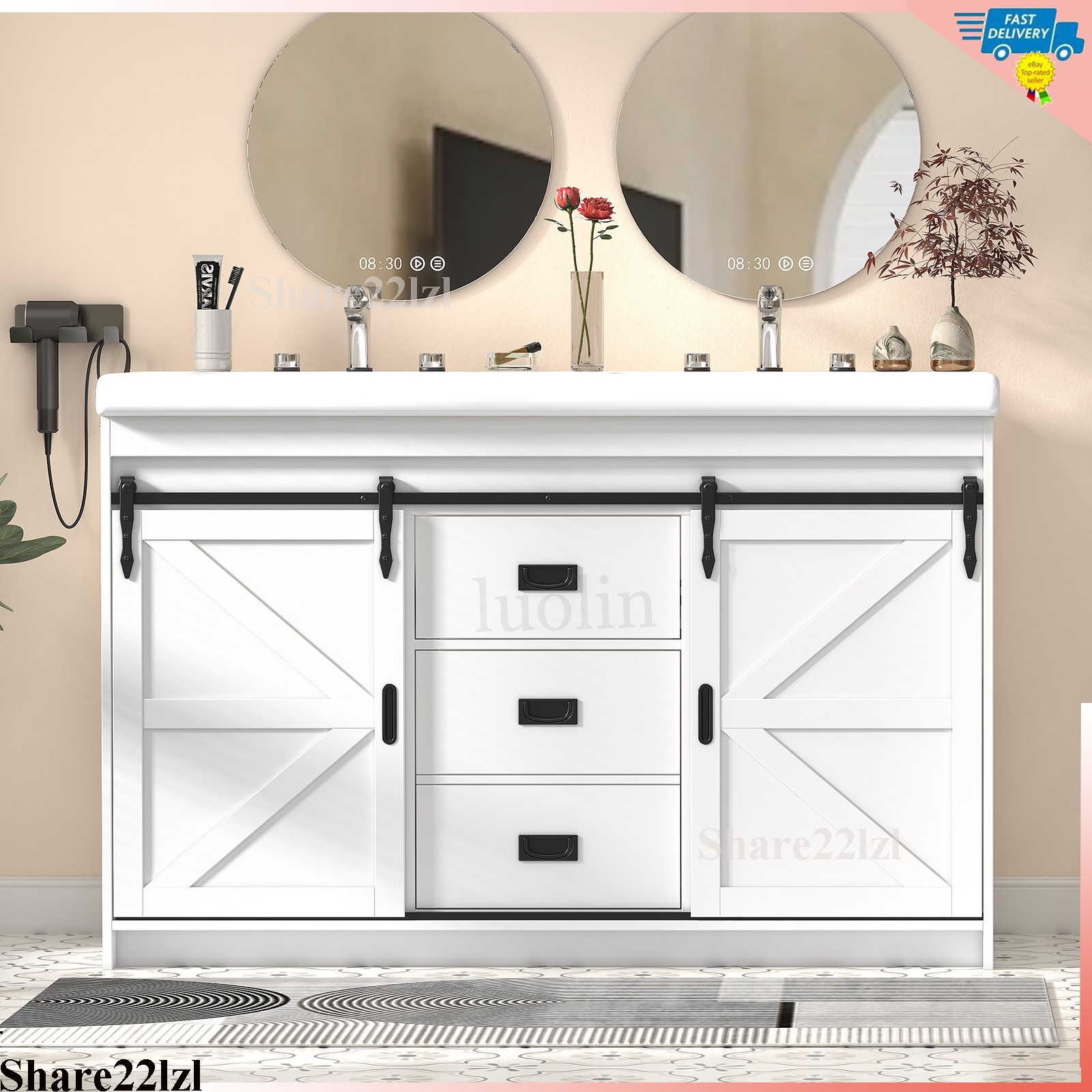 47″ Bathroom Vanity Cabinet Double Ceramic Sink Marble Countertop Cabinet Modern