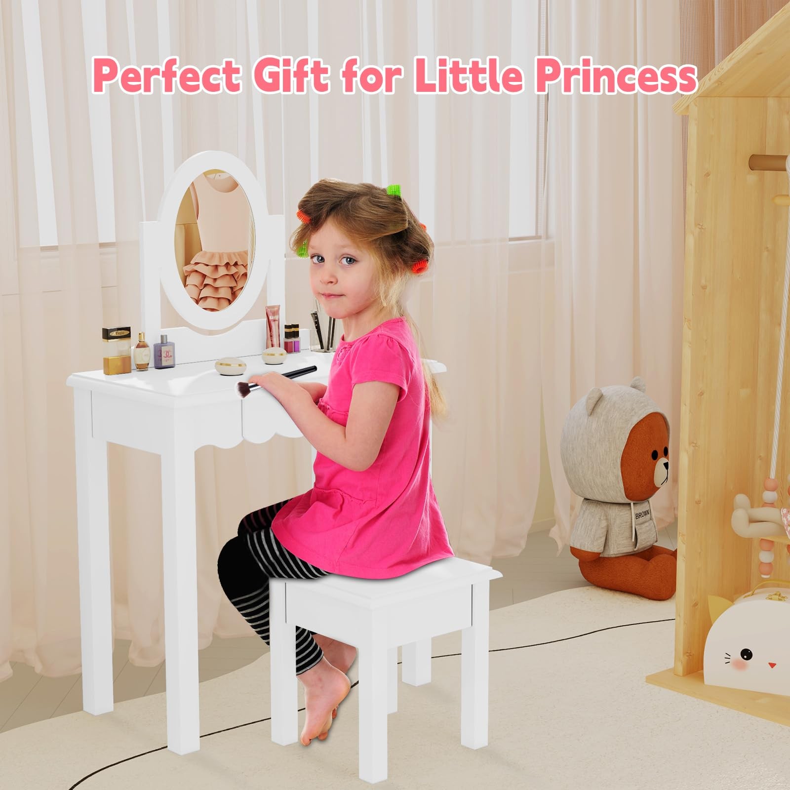 Kids Vanity Set Mirror Stool Wooden Makeup Desk Detachable Top Drawer White