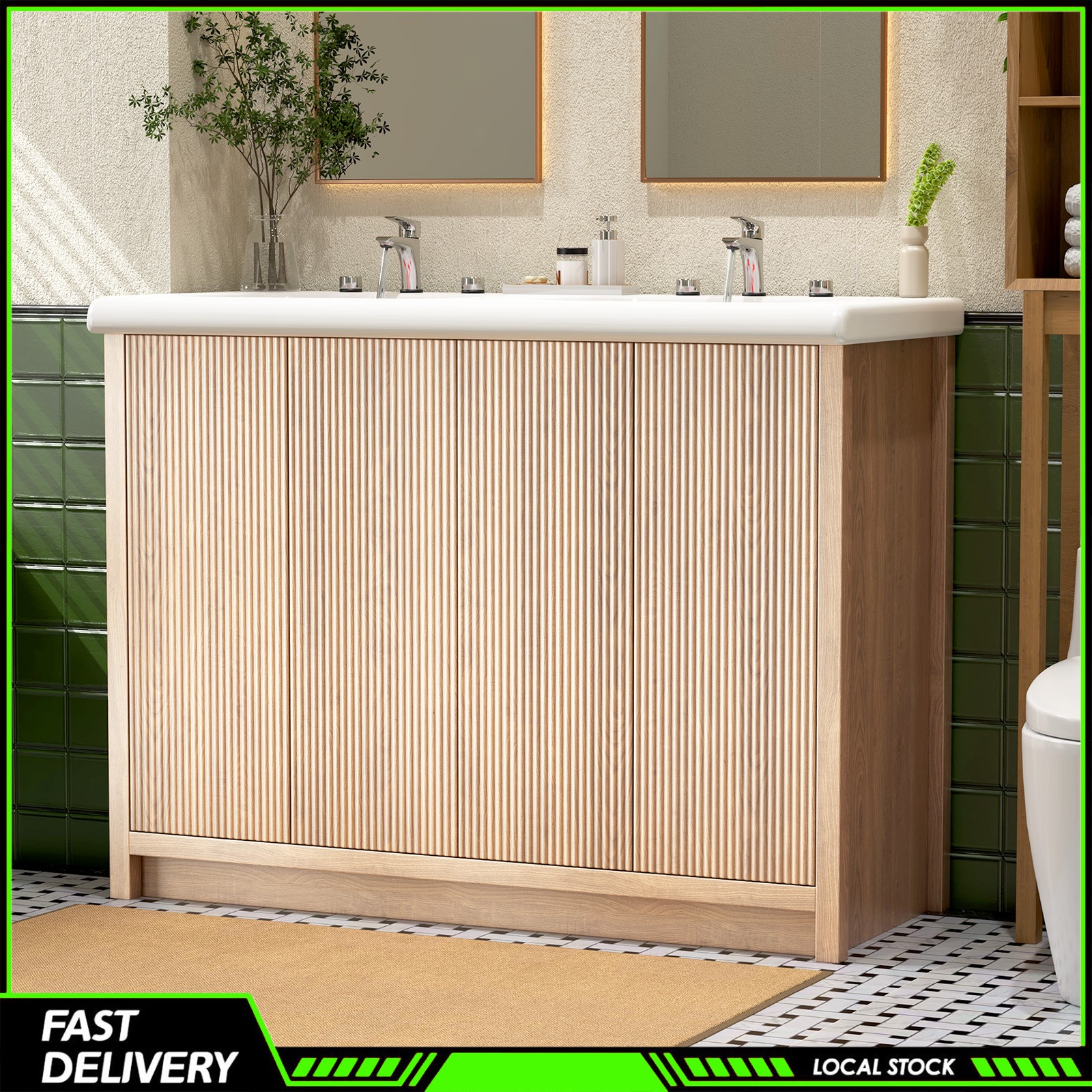 47″ Bathroom Vanity Double Ceramic Sink Freestanding Cabinet Storage With Door