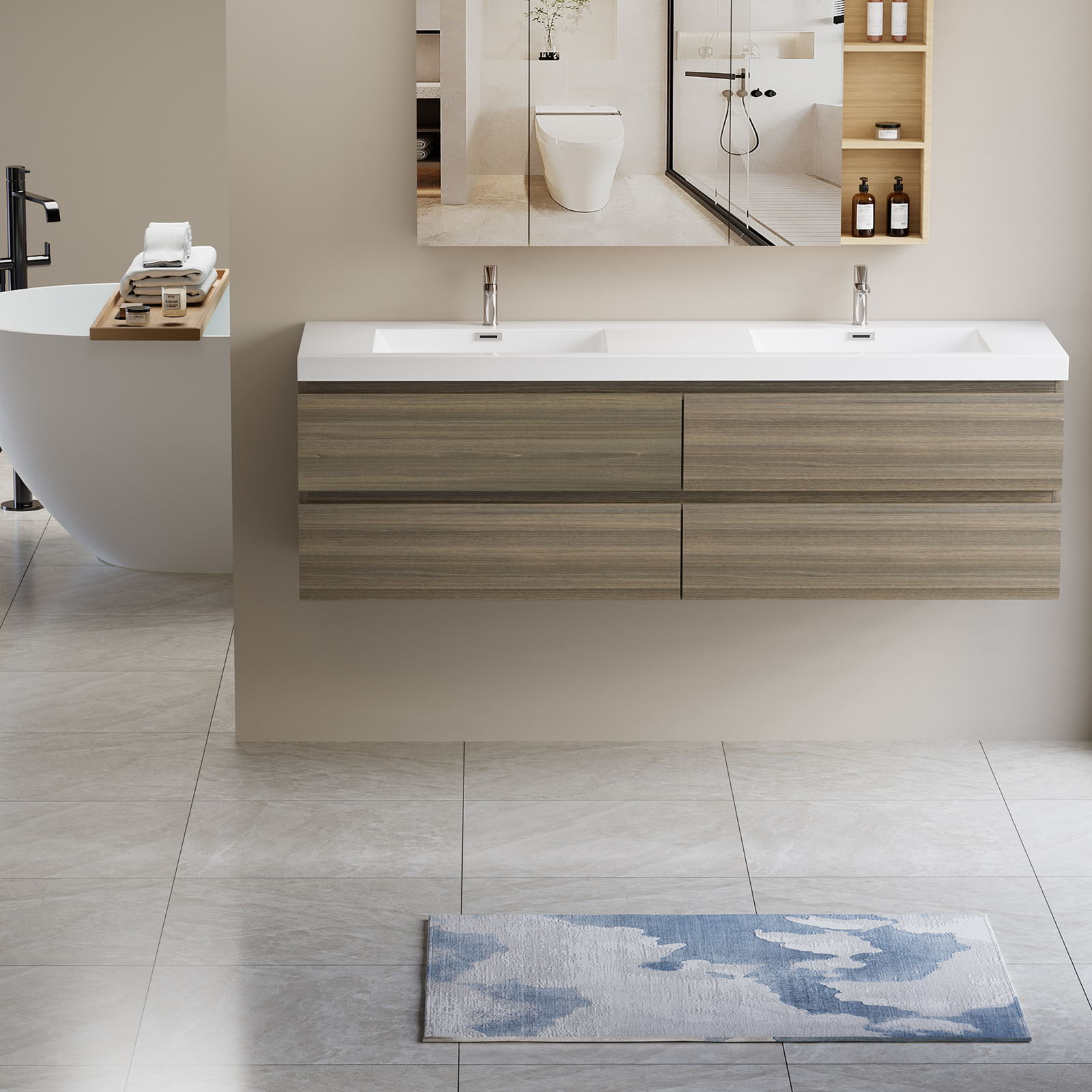72 in Floating Wall-Mounted Bathroom Vanity W/ Resin Double Sink 4 Drawers Gray