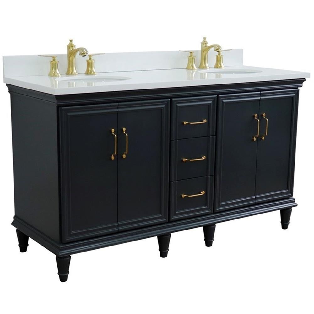 61 in. Double Wooden Vanity Dark Gray White Quartz Oval Sink
