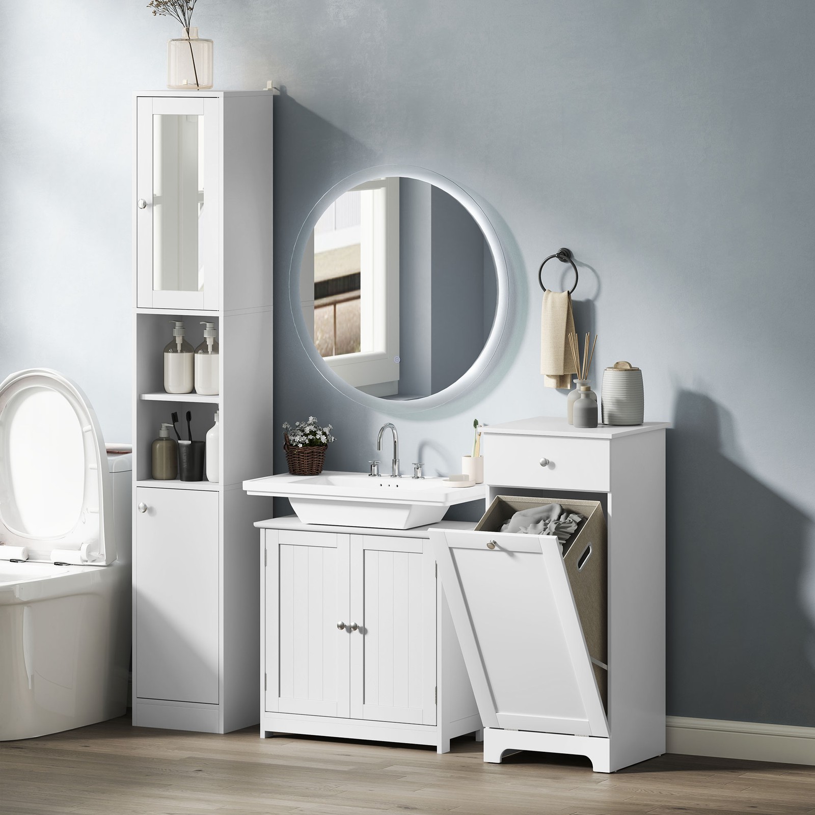 Short Pedestal Sink Washroom Storage Furniture w/Double Doors and Moveable Shelf