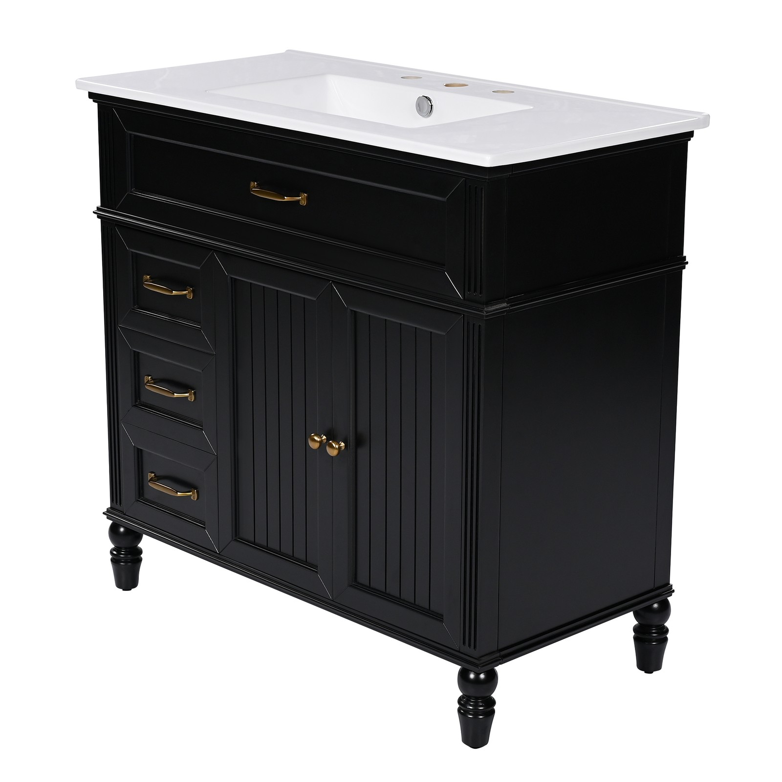 36″ Bathroom Vanity with Sink & Drawers, Black, Solid Wood Frame & MDF