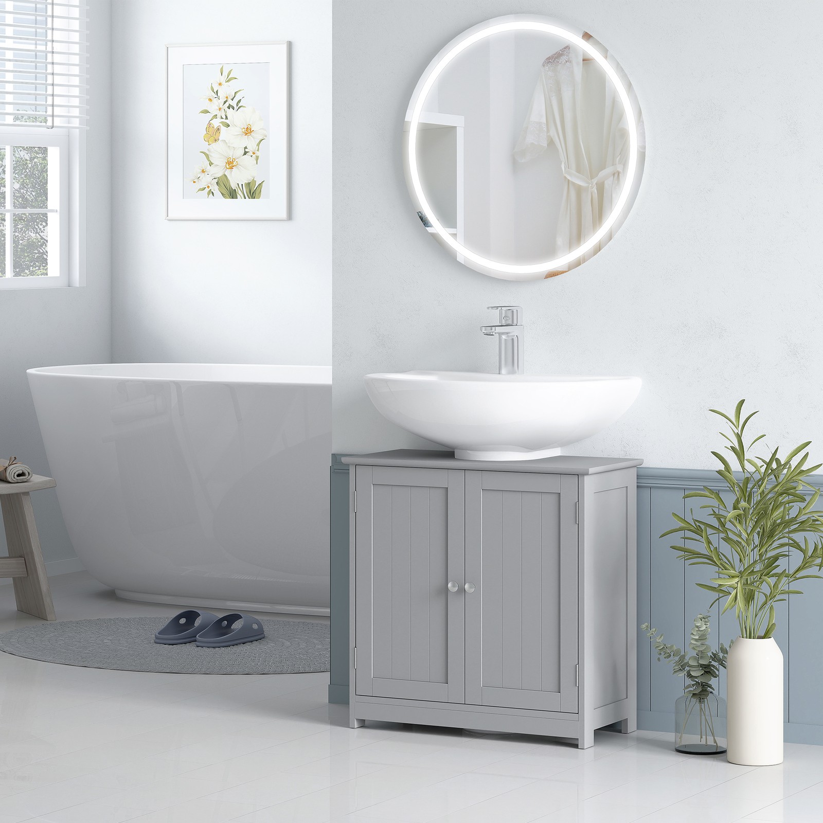 Short Pedestal Sink Washroom Storage Furniture w/Double Doors and Moveable Shelf