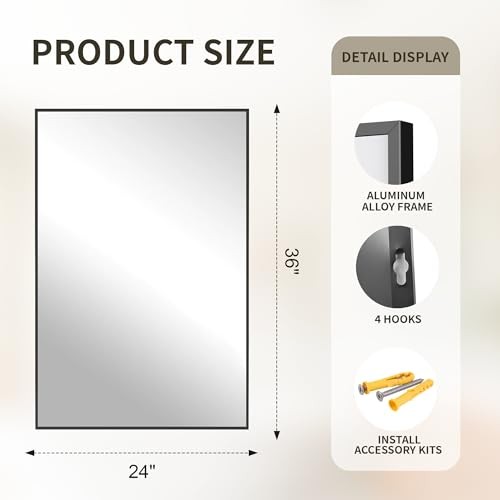 Bathroom Vanity Mirror-36″ x 24″, Shatterproof & Anti-Rust, 36″L x 24″W Black