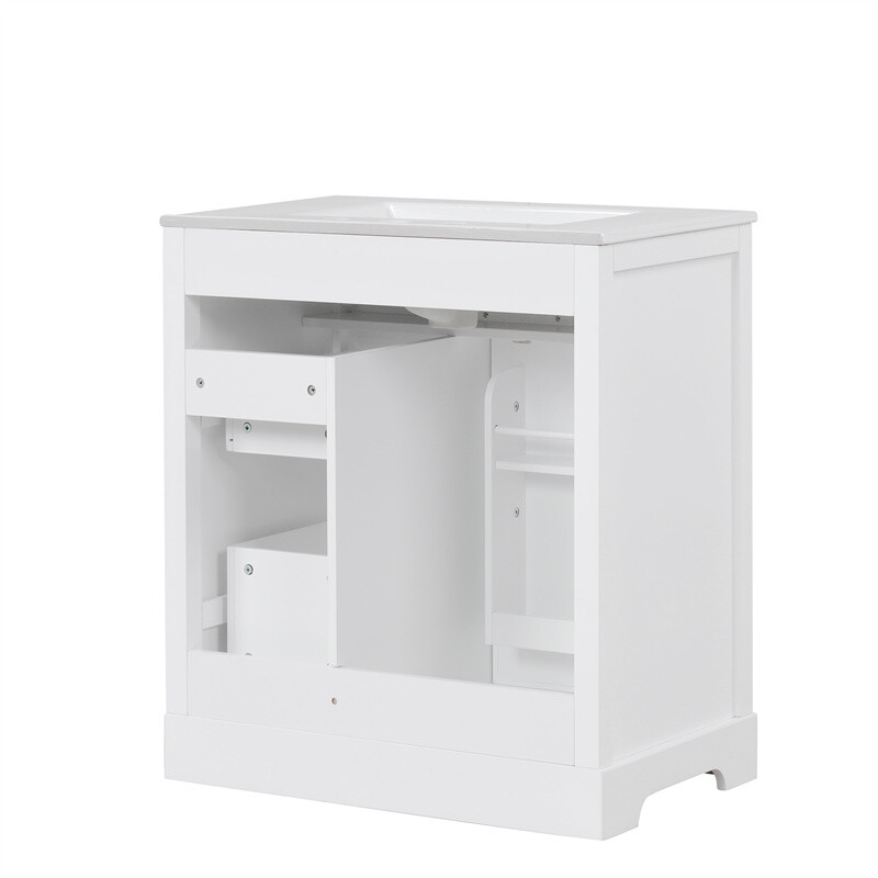 30″ White Bathroom Vanity with Ceramic Sink Set Storage Cabinet w/Door & Drawers
