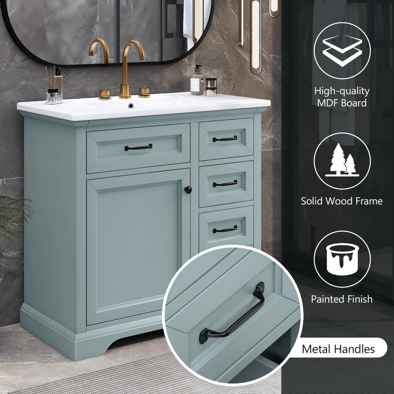 36″ Bathroom Vanity With Ceramic Sink Storage Drawers Doors 3 Faucet Holes