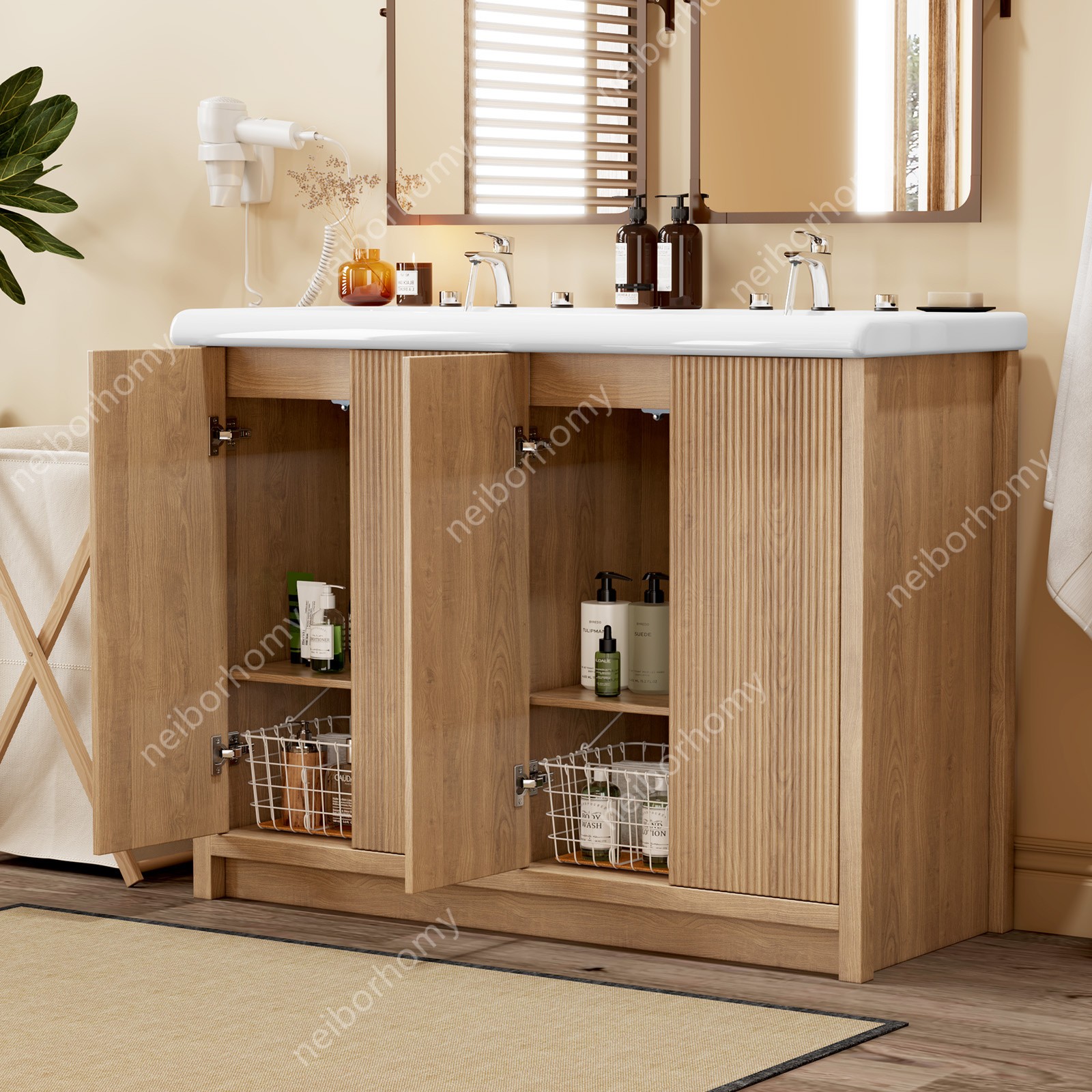 47.3 inch Double Sink Bathroom Vanity Wood Grain Modern 2 Basin Storage Cabinet
