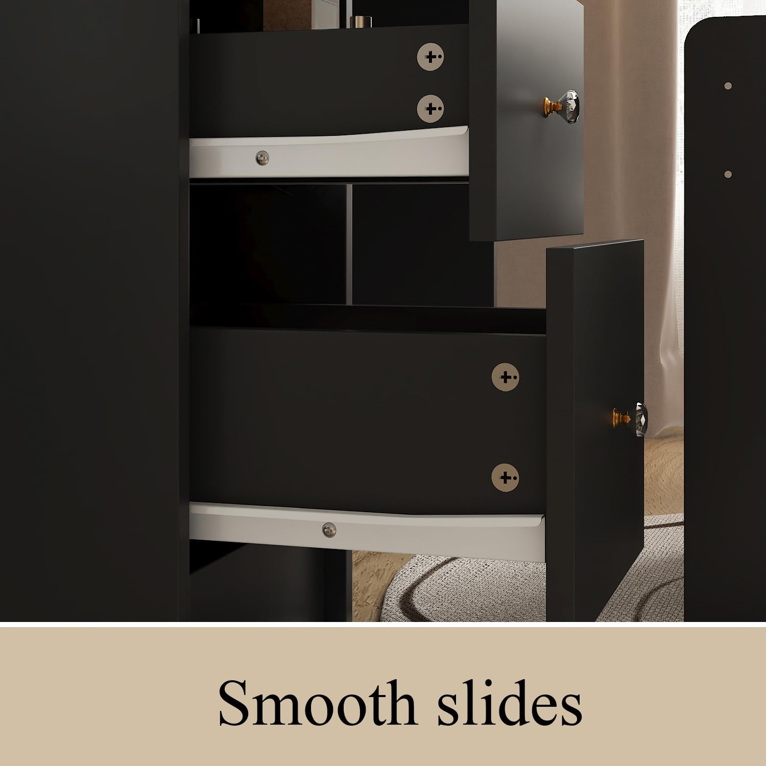 Black Vanity Set with Mirror 5 Drawers Shelves Cushioned Stool