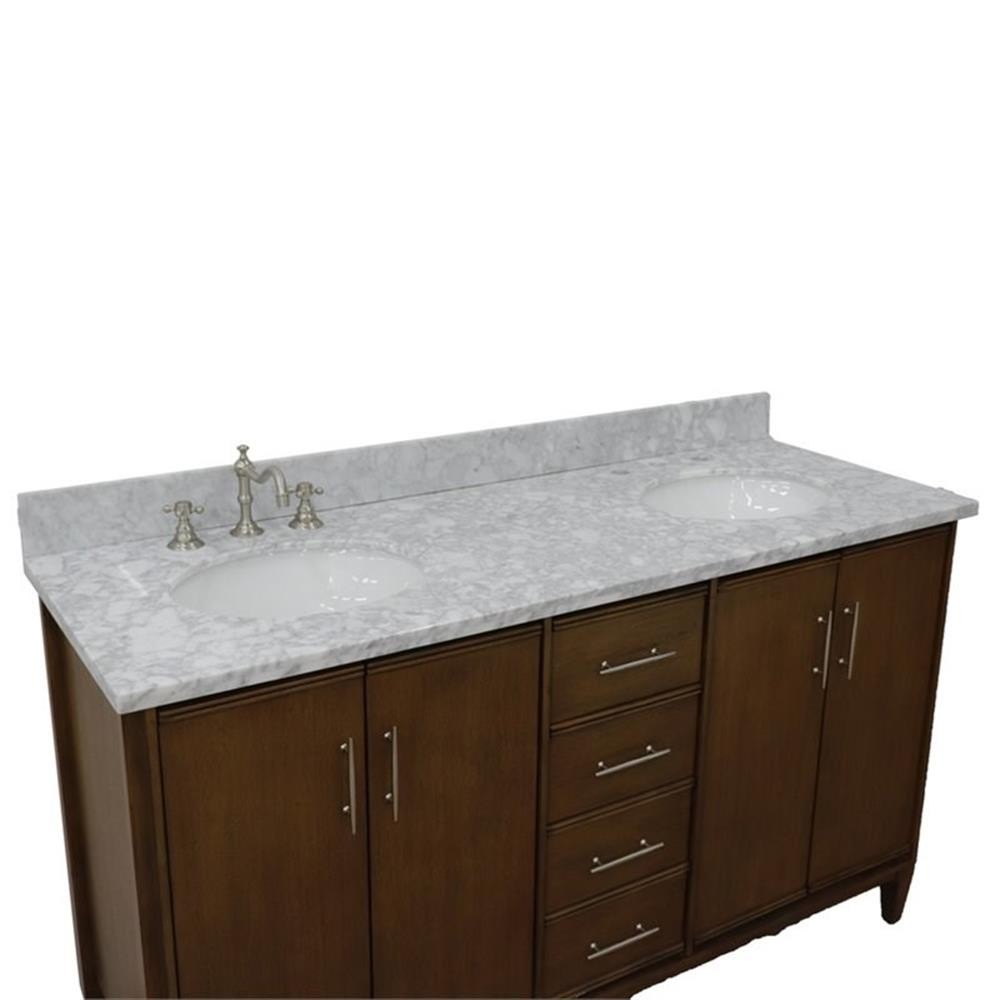 MCM 61″ Double Oval Sink Solid Wood Vanity in Walnut/White Carrara
