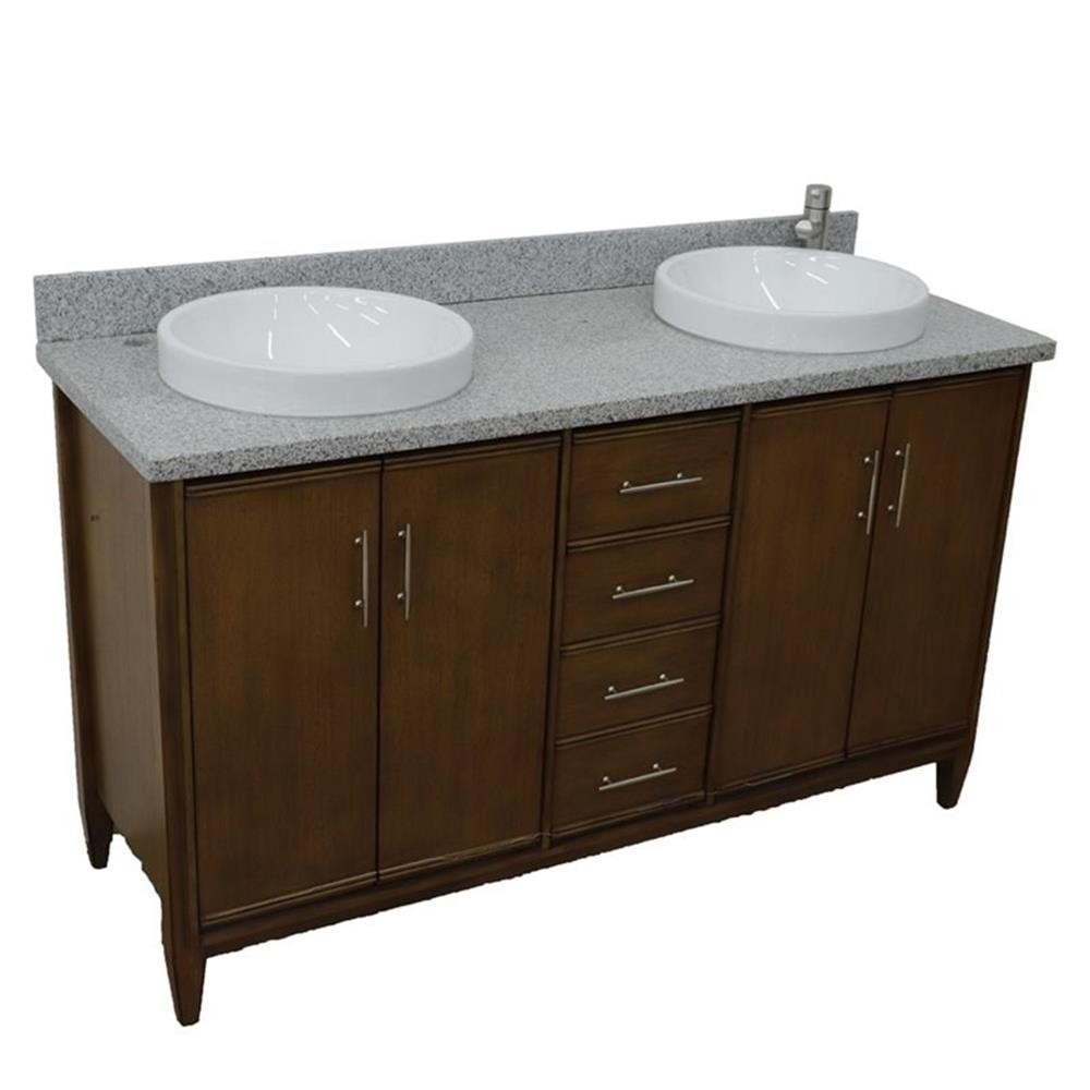 Pemberly Row 61″ Double Round Sink Vanity with Gray Granite Stone in Walnut