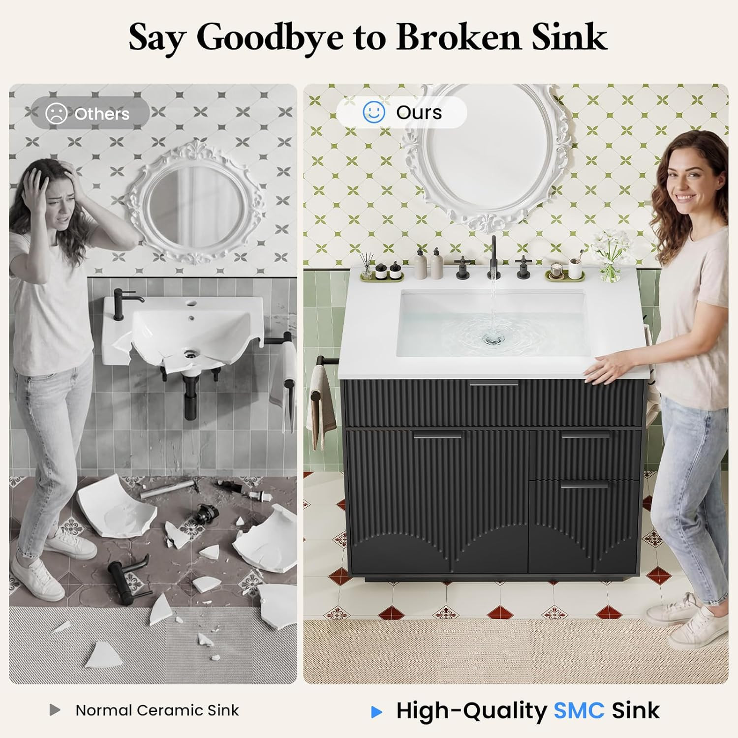 31″ Fluted Bathroom Vanity with Sink, Freestanding Bathroom Cabinet with Door St