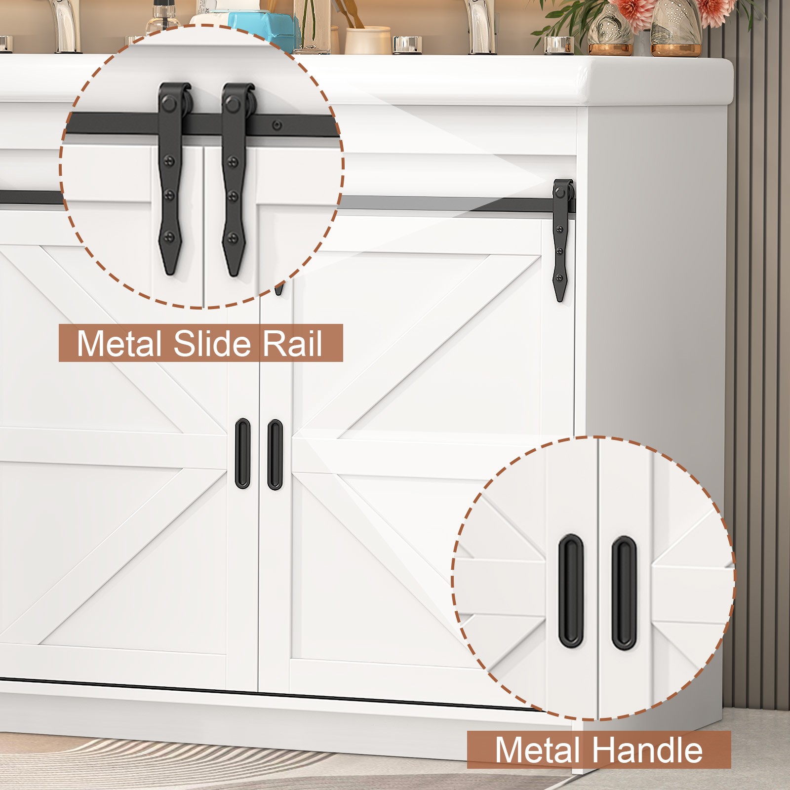 Large Vanity Cabinet Double Bathroom Top Ceramic Sink Countertop without Faucet