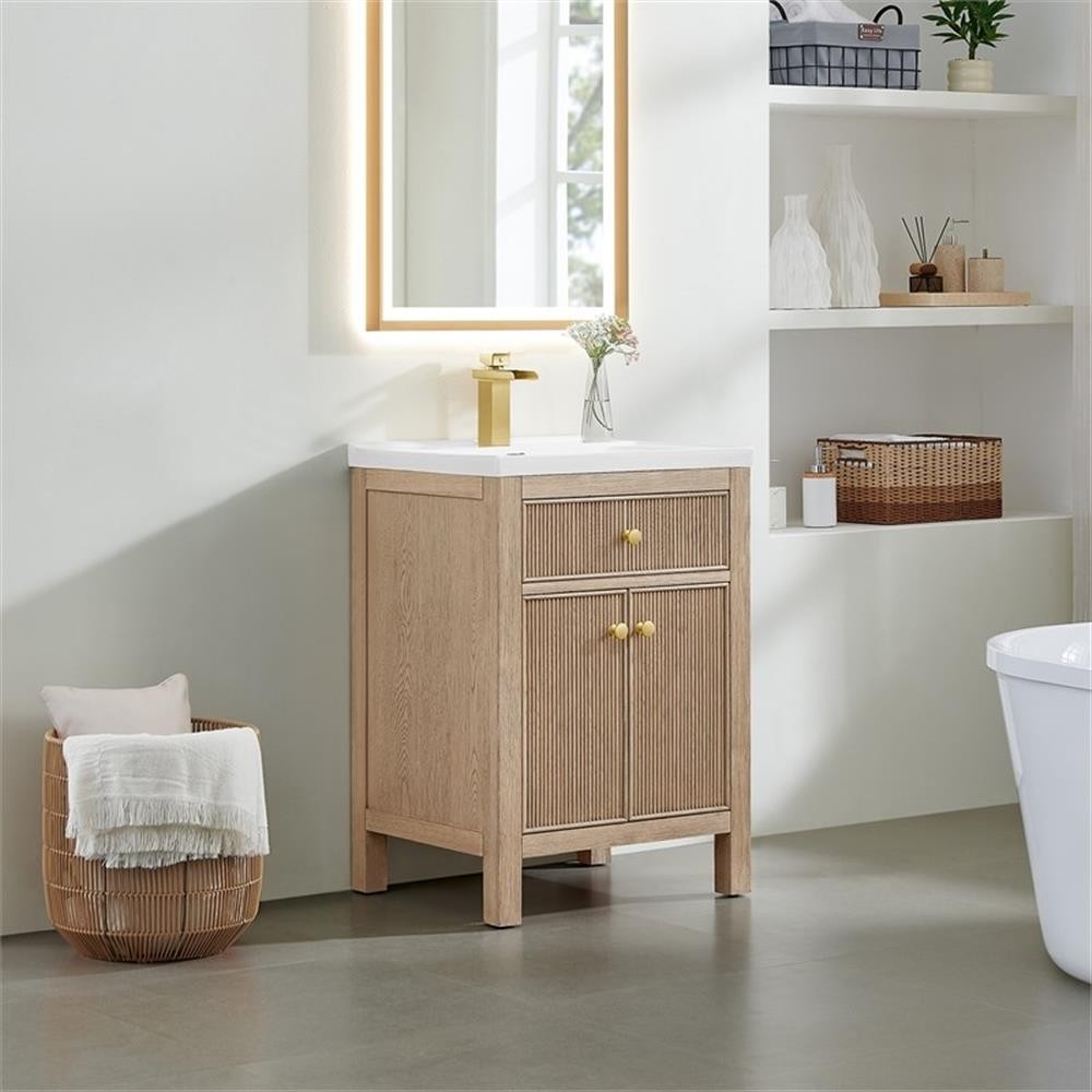 Pemberly Row 24″ Wood Vanity in Natural Oak Ceramic Integrated Sink no Mirror