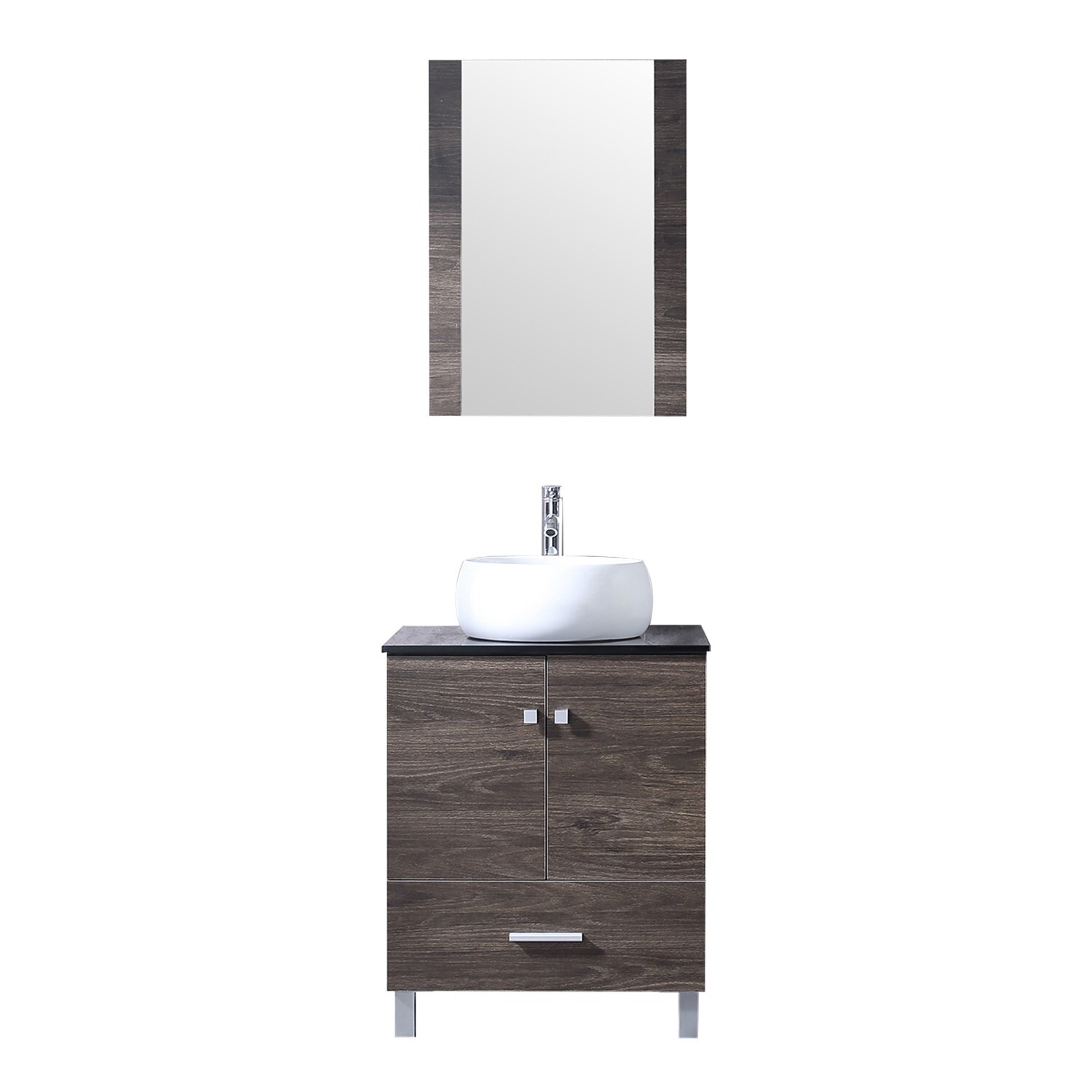 24″Bathroom Vanity Wood Cabinet White Ceramic Sink Bowl Basin Brown Mirror Combo