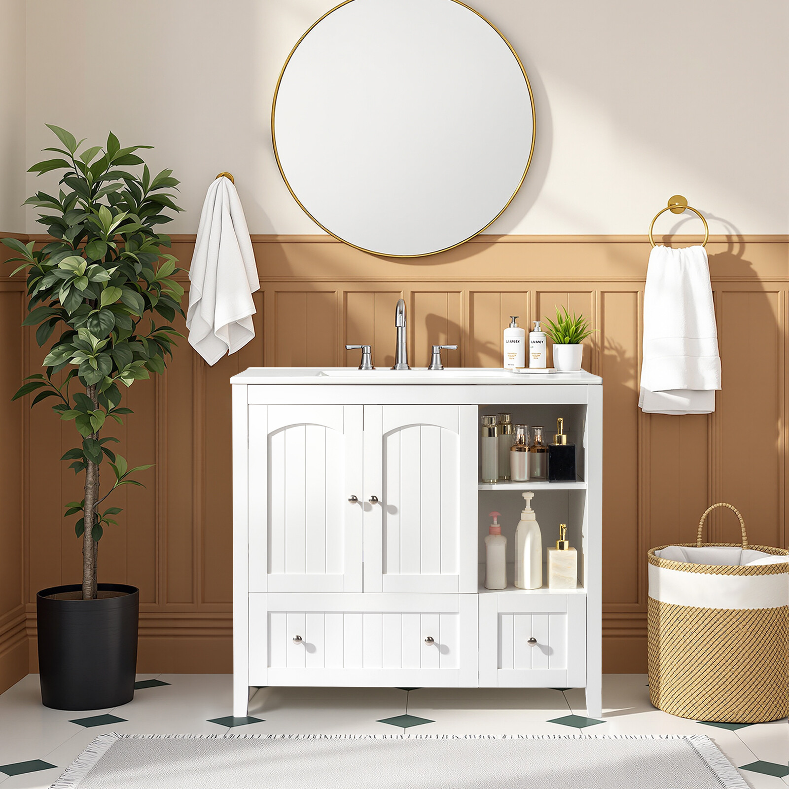 36″ Bathroom Vanity Without Sink, Wooden Storage Cabinet w/ 2 Doors & 2 Drawers