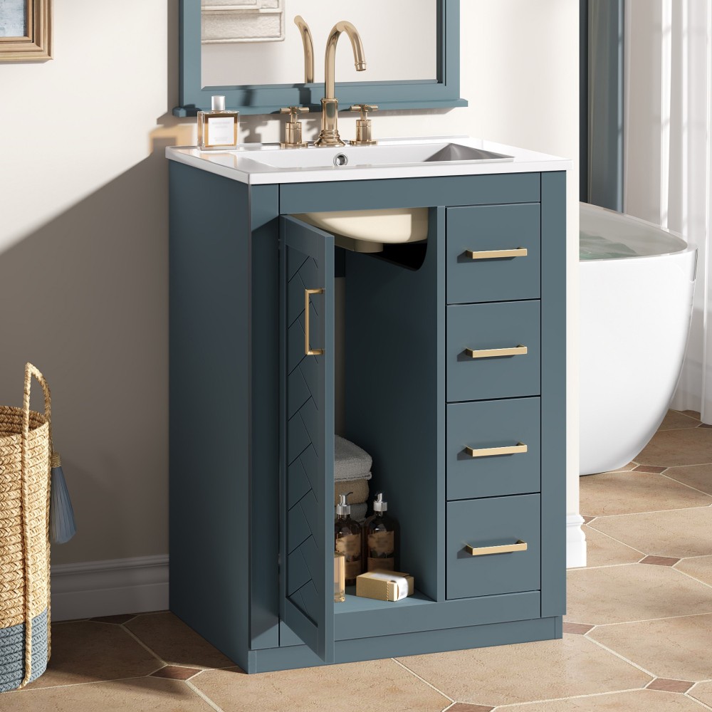 24in Bathroom Vanity Integrated Ceramic Sink 1 Door 3 Drawers