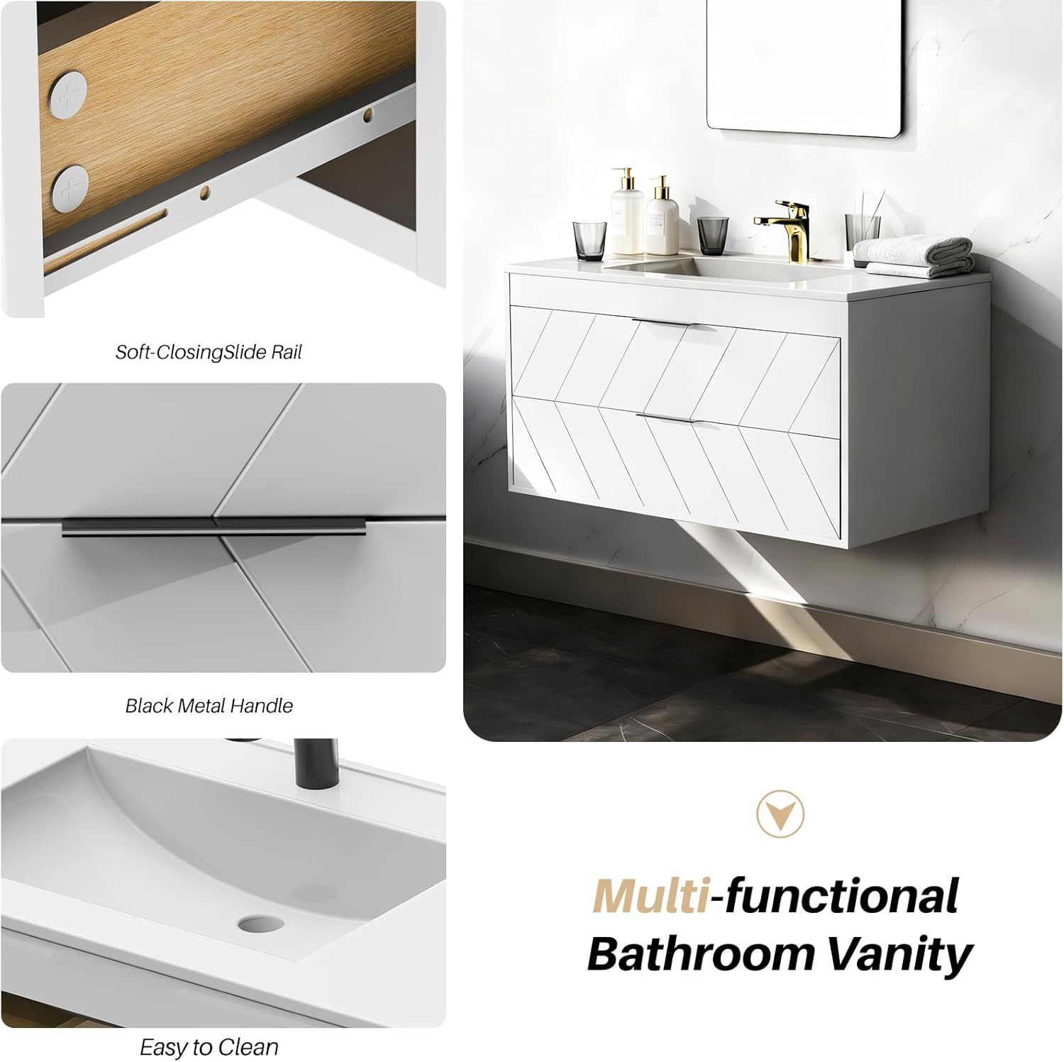 36 Inch Bathroom Vanity with Sink, Modern Floating Bathroom Vanity with Resin Si