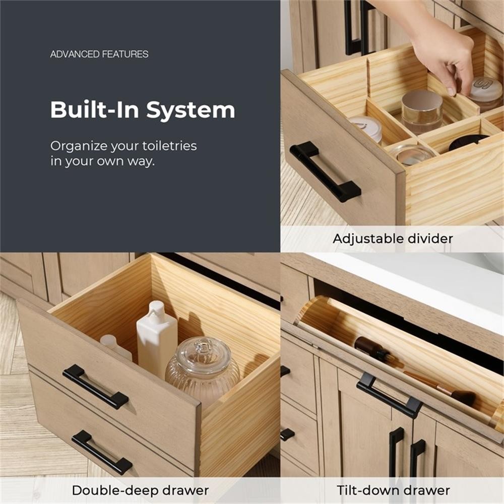 Pemberly Row 60″ Double Bathroom Vanity in Sahara Birch with White Countertop