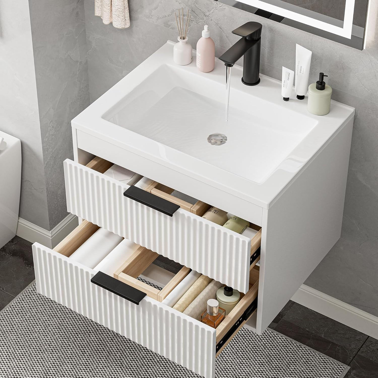 24″ Modern Wall-Mounted Bathroom Vanity with Sink & Double Drawers, White