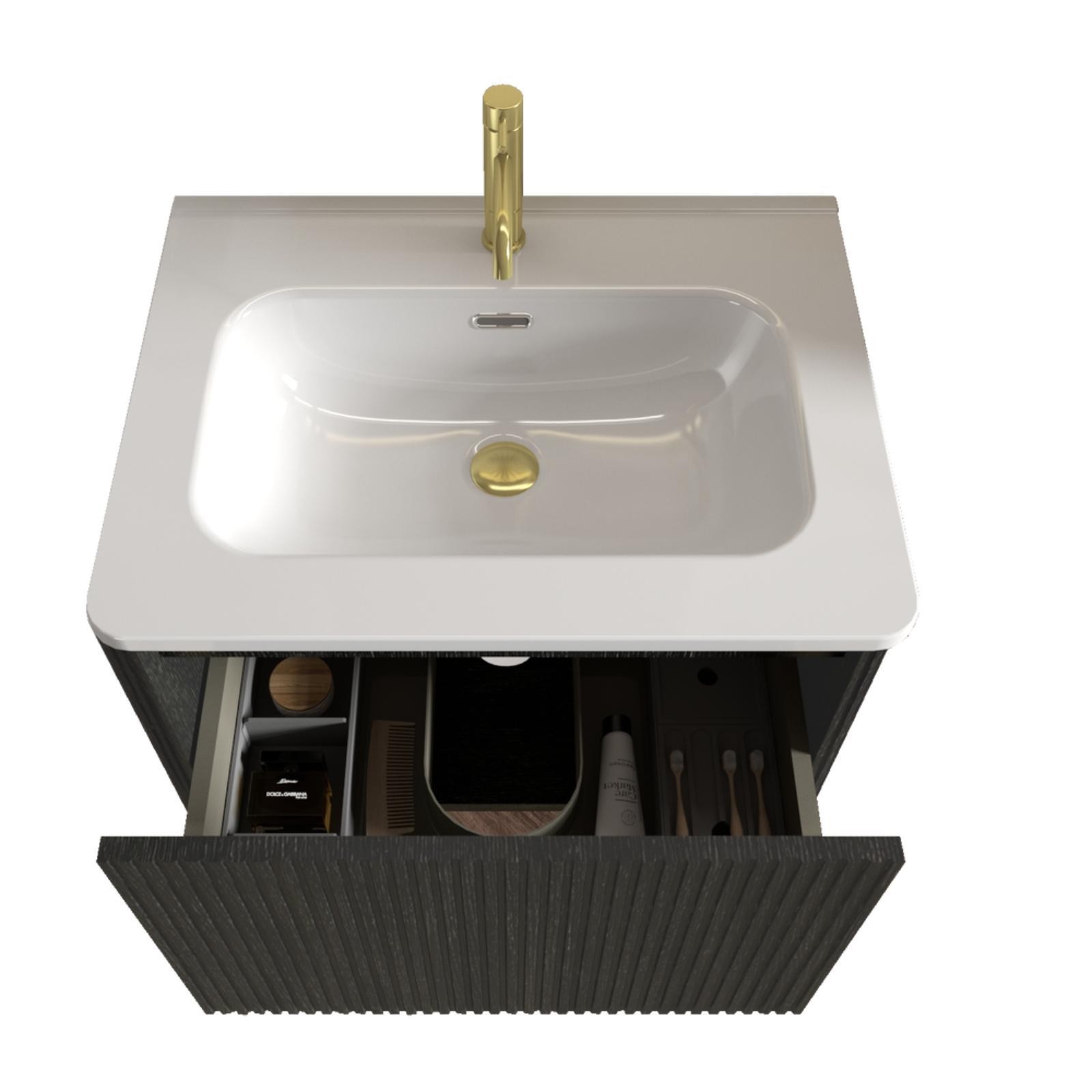 Elegant 24″ Bathroom Vanity with Black Oak Finish, Curved Edges, Push Open
