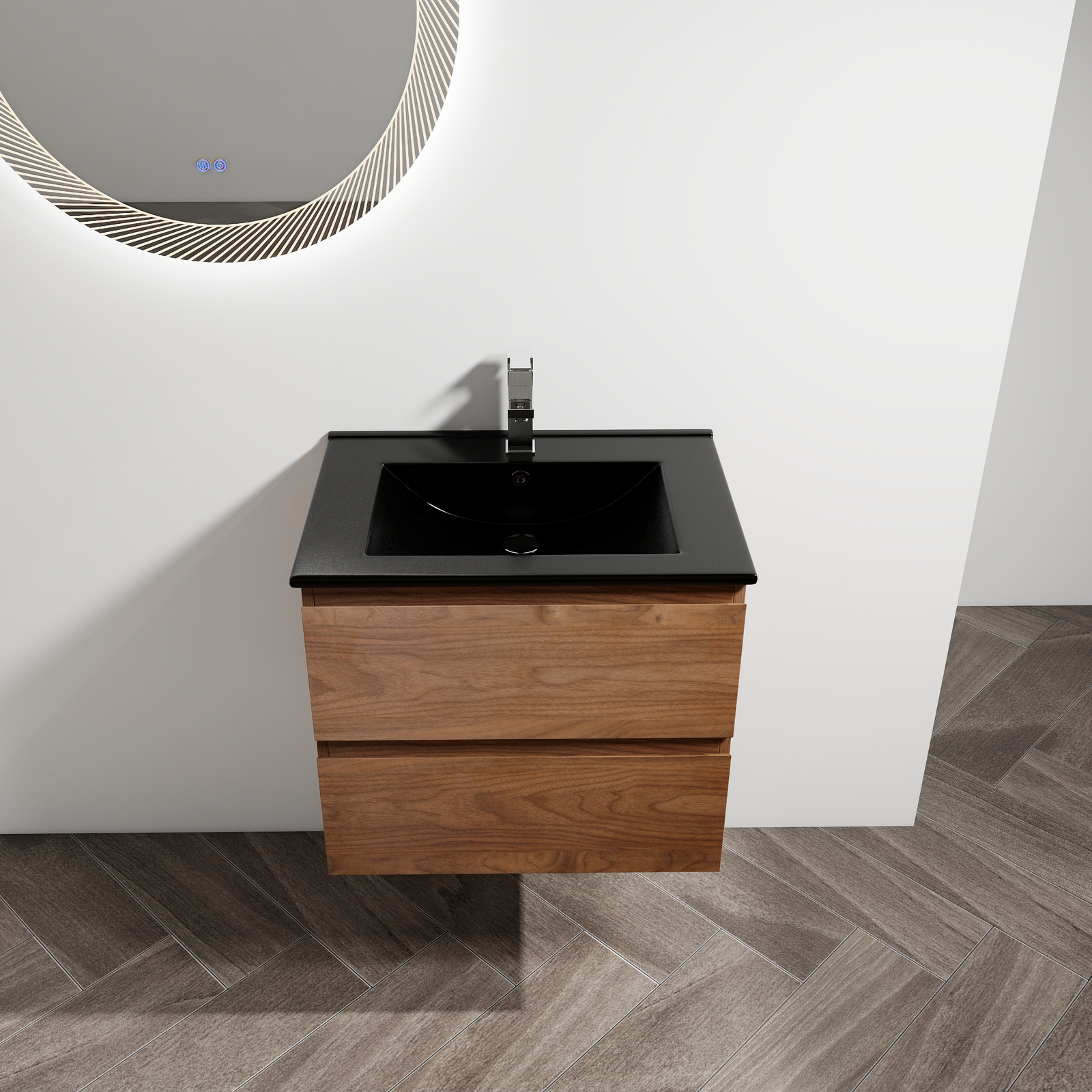24in Wall Mounted Floating Cabinet Bathroom Vanity Cabinet 2 Drawers +Black Sink