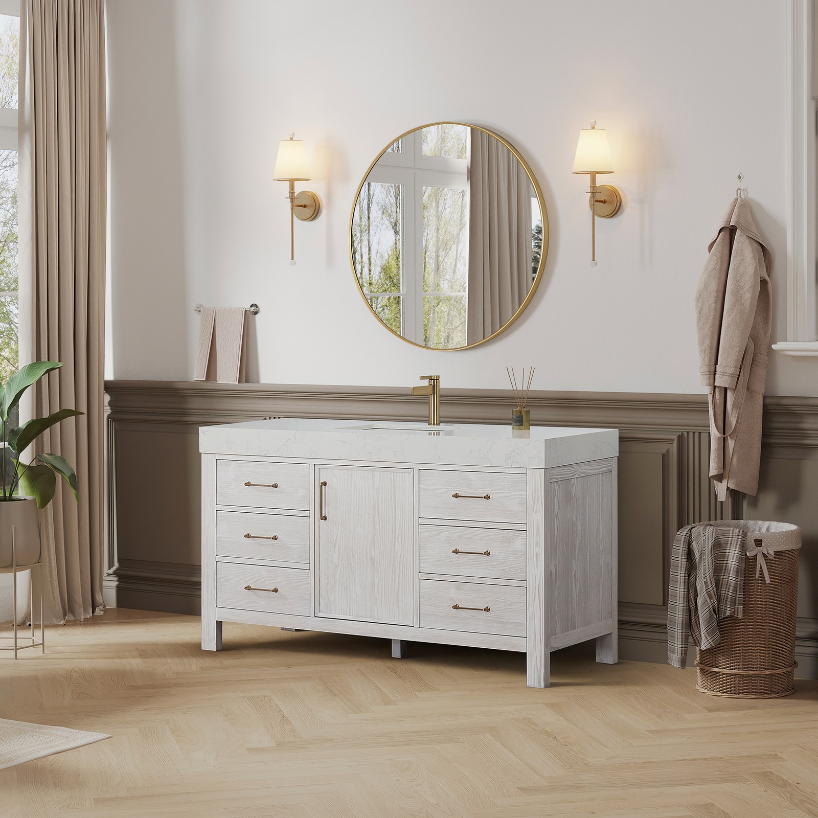 Leon 60″ Single Bathroom Vanity in Washed White w/Lightning White top & Mirror