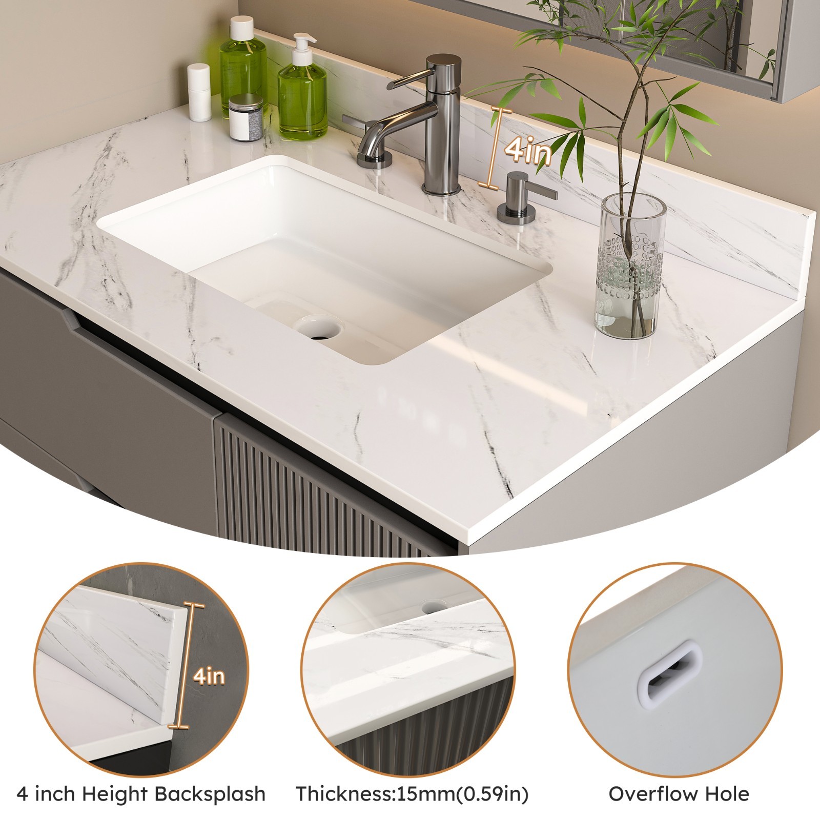 37″ White Marble Vanity Top w/ Undermount Sink, 3 Holes, 4″ Backsplash