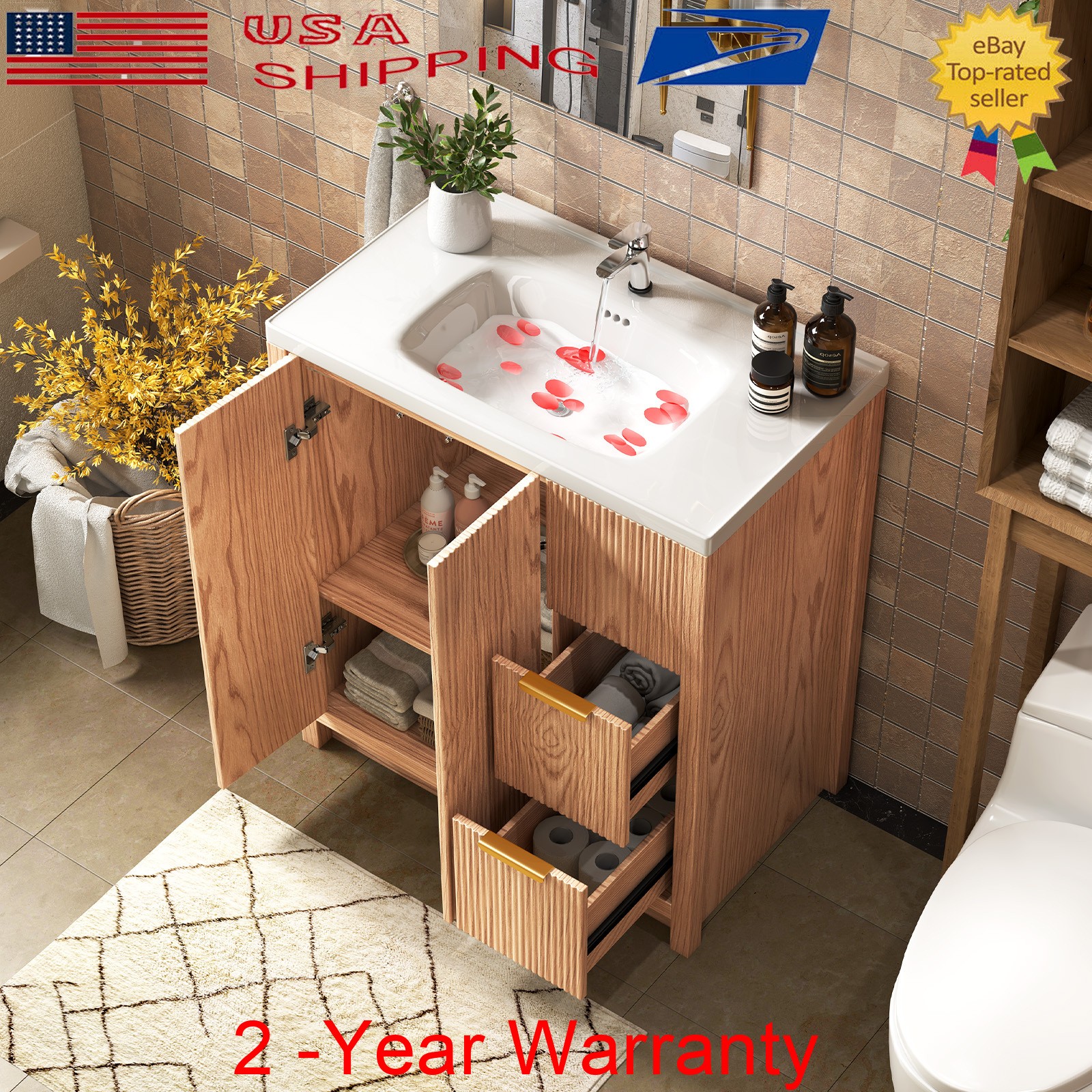 Wood Bathroom Vanity Cabinet w/ Ceramic Sink Storage Bathroom Cabinet w/ Drawer