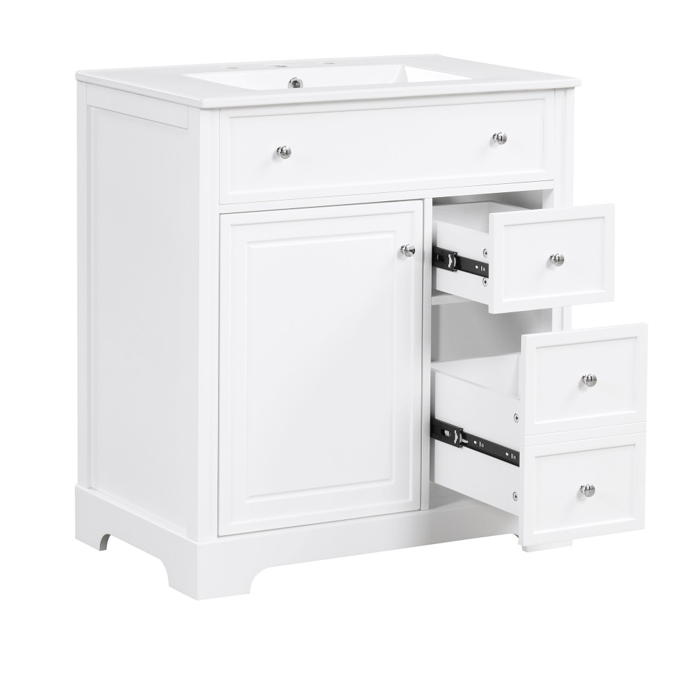 30 Inch White Bathroom Vanity with Ceramic Sink Top Solid Wood MDF Cabinet