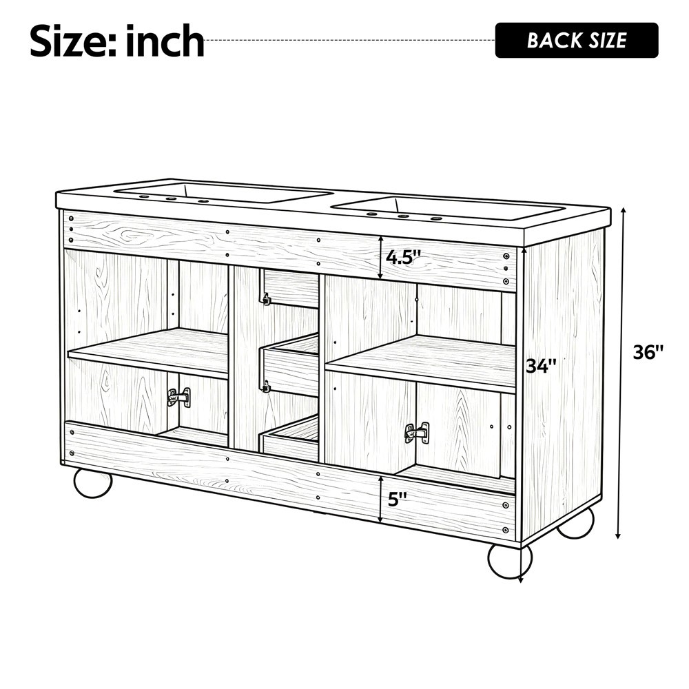 59″ Bathroom Vanity w/Double Sink,Freestanding Vanity Cabinet, 3 Drawers, 4 Door